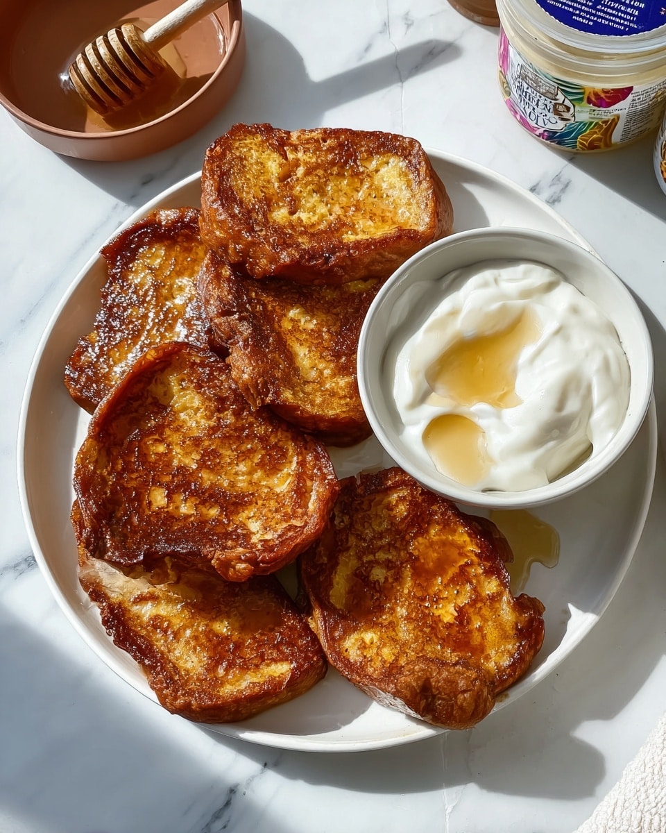 A white plate holds five golden-brown French toast pieces arranged in a loose circular pattern, each piece thick and unevenly shaped with a shiny, caramelized surface showing a mix of smooth and crispy textures. On the right side of the plate, a small white bowl filled with creamy yogurt drizzled with a light amber sauce sits close to the toast. The plate is placed on a white marbled surface, with a small honey dipper resting in a brown bowl next to the plate, and several colorful containers of Icelandic Provisions Skyr yogurt visible in the background. Bright natural light casts soft shadows around the items, highlighting the contrast in textures. photo taken with an iphone --ar 4:5 --v 7