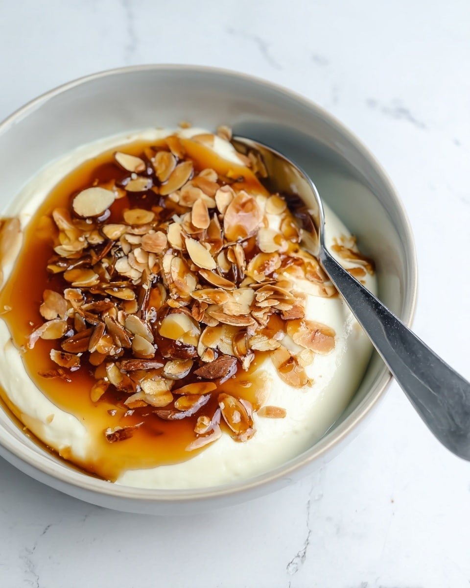 A white bowl holds a creamy white layer forming the base, smooth and thick, topped with a generous layer of glossy golden-brown syrup. On top of the syrup, there is a mix of thinly sliced toasted almonds scattered evenly, showing varying light to medium brown colors with a shiny texture. A silver knife lies resting on the edge of the bowl, which is placed on a white marbled surface. photo taken with an iphone --ar 4:5 --v 7