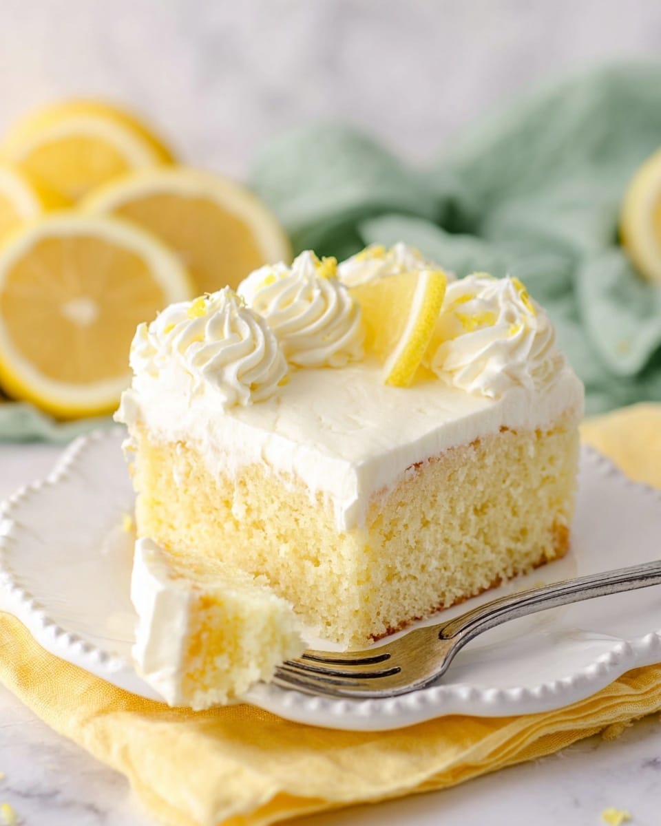A square lemon cake slice is shown on a white plate with scalloped edges, sitting on a folded yellow cloth. The cake has two layers: the bottom layer is a moist, pale yellow sponge with a soft texture, and the top layer is thick, creamy white frosting that is spread evenly but with some texture. On top of the frosting are delicate piped rosettes of the same creamy white frosting, and a small thin lemon wedge is placed beside the rosettes. A fork with a piece of the cake rests near the front edge of the plate. The background has blurred lemon slices on a white marbled surface with a soft green cloth partially visible. photo taken with an iphone --ar 4:5 --v 7