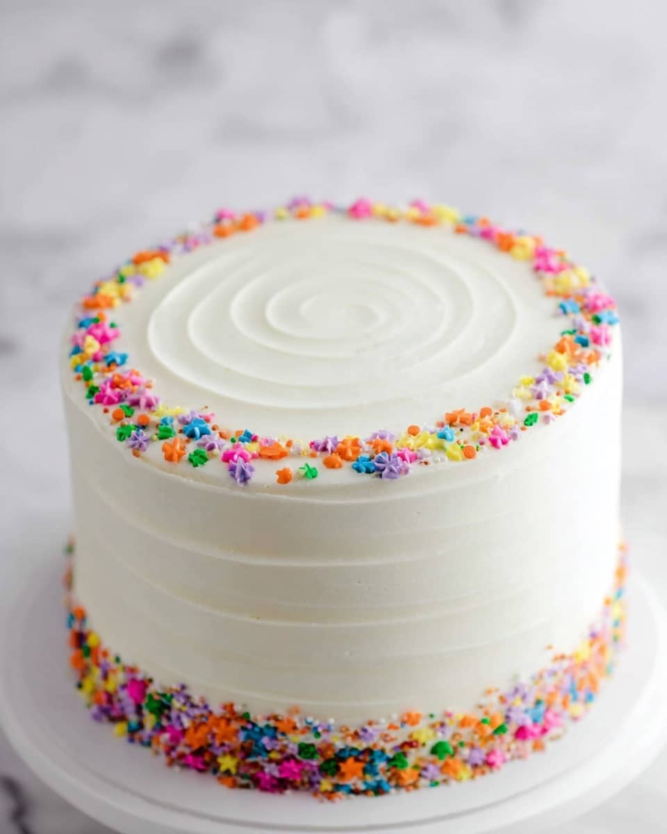 A round cake with three visible layers covered in smooth white frosting, with subtle horizontal lines on the sides and a spiral pattern on top. The top edge and the base of the cake are decorated with a circle of colorful sprinkles in various shapes and bright colors like pink, orange, green, blue, yellow, and purple. The cake sits on a white plate placed on a white marbled surface, creating a clean and bright setting. photo taken with an iphone --ar 4:5 --v 7