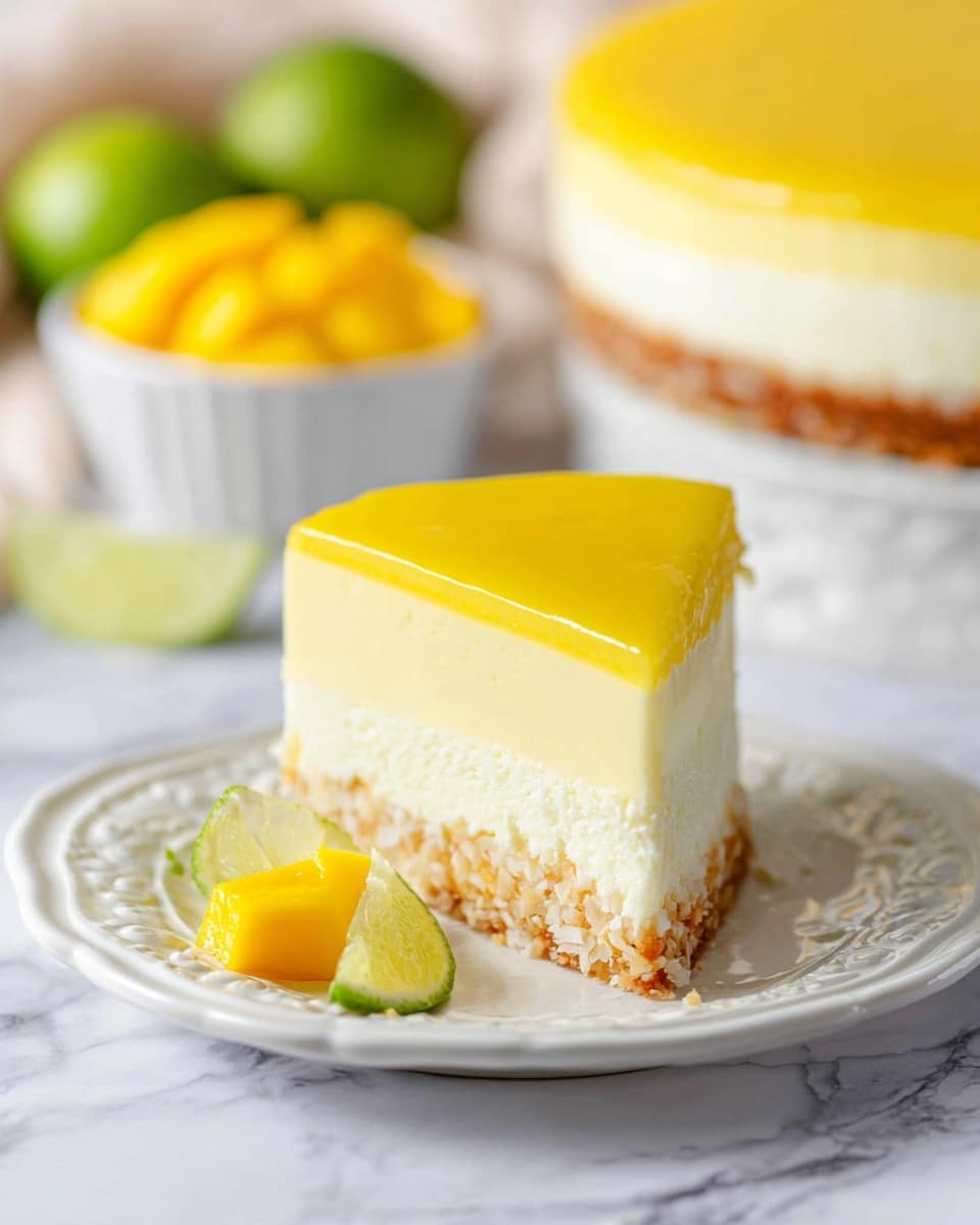 The image shows a slice of layered cheesecake on a white plate with a decorative edge, set on a white marbled surface. The cheesecake has three distinct layers: a light brown crumbly base mixed with shredded coconut, a thick middle layer of creamy pale yellow cheesecake, and a smooth glossy bright yellow top layer. On the plate next to the slice, there is a small piece of yellow mango and a thin green lime wedge. In the background, slightly out of focus, there is a bowl filled with bright yellow mango chunks and two whole limes. The lighting is soft and natural, highlighting the smooth texture and vibrant colors of the cheesecake. photo taken with an iphone --ar 4:5 --v 7