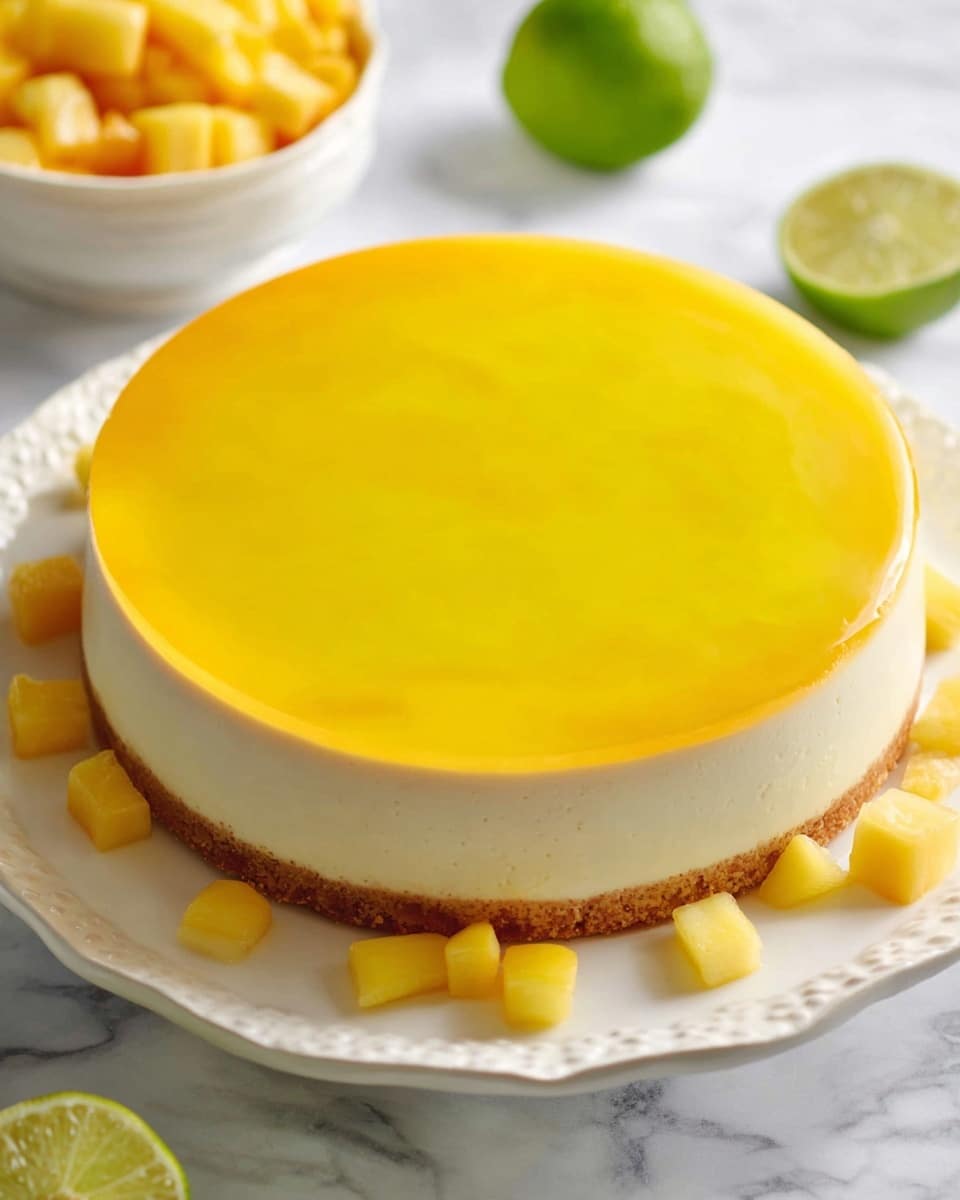A round cheesecake sits on a white plate with a scalloped edge, placed on a white marbled surface. The cake has three visible layers: a thin, light brown crust at the bottom; a thick, creamy off-white middle layer; and a smooth, bright yellow top layer that looks glossy and jelly-like. Around the cake, there are small yellow fruit pieces scattered and two halves of a lime are in the background, adding fresh green and yellow colors to the scene. In the upper left corner, a white bowl filled with small yellow fruit cubes is visible. Photo taken with an iphone --ar 4:5 --v 7