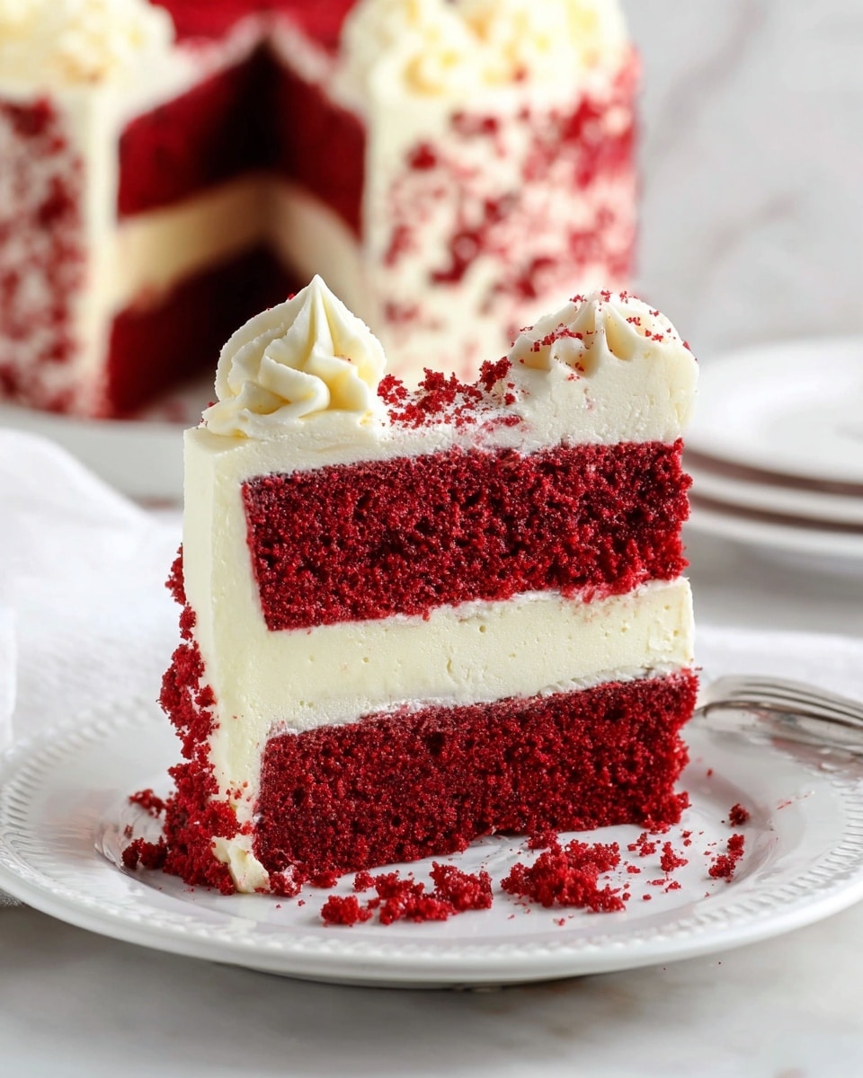 A slice of red velvet cake with three visible layers sits on a white plate with delicate edges on a white marbled surface. The bottom and top layers are deep red and fluffy, with red crumbs scattered on the plate. Between these is a thick, creamy white layer of frosting or cream cheese filling. Another thin layer of white frosting is on top, sprinkled with red velvet crumbs and decorated with small swirls of white frosting near the upper edge. In the background, a larger cake with similar layers and decorations is slightly blurred. Photo taken with an iphone --ar 4:5 --v 7