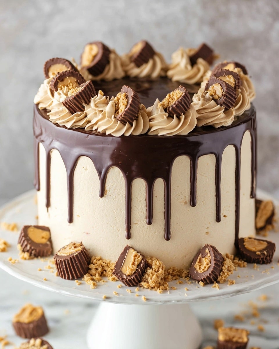 A tall round cake with four layers covered in smooth light beige frosting, with dark chocolate ganache dripping down from the top edges. The top surface has a thick shiny layer of dark chocolate ganache. Around the edge of the top, there are evenly spaced swirls of light beige frosting, each topped with a half peanut butter cup and sprinkled with crushed peanut butter candies. The base of the cake is surrounded by small chunks of peanut butter cups on a white cake stand, all set on a white marbled texture. Photo taken with an iphone --ar 4:5 --v 7