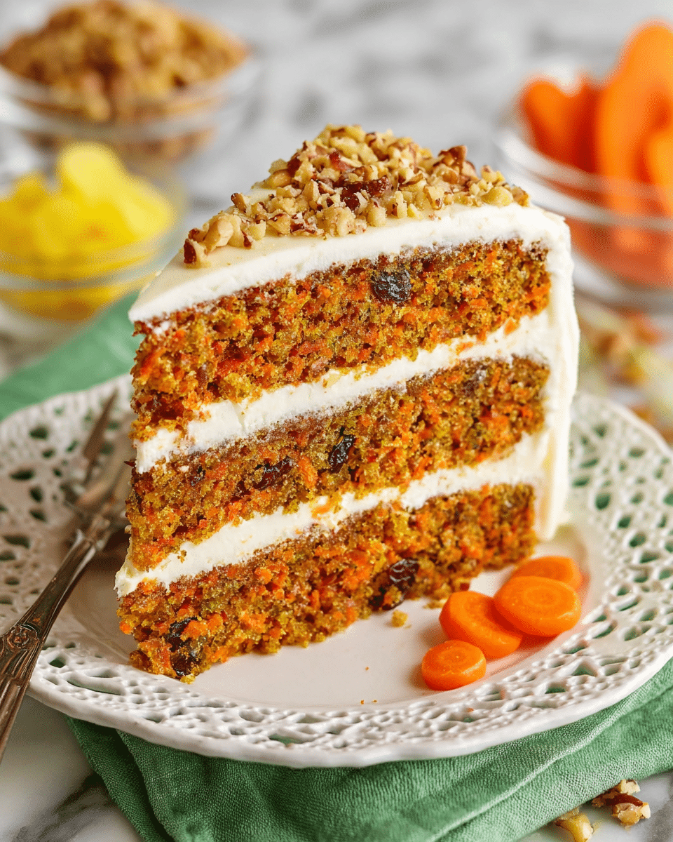 A three-layer carrot cake slice rests on a white, lace-edged plate placed on a green cloth over a white marbled surface. Each layer of the cake is a dense orange-brown crumb filled with visible bits of shredded carrot and dark raisins or nuts. Between each cake layer is a thick, creamy white frosting, which also coats the top and sides of the slice smoothly. The top of the frosting has a sprinkling of chopped nuts, adding texture. A few small carrot slices sit beside the cake on the plate. Nearby, out of focus, are small glass bowls holding more carrot slices and another yellow ingredient. Photo taken with an iphone --ar 4:5 --v 7