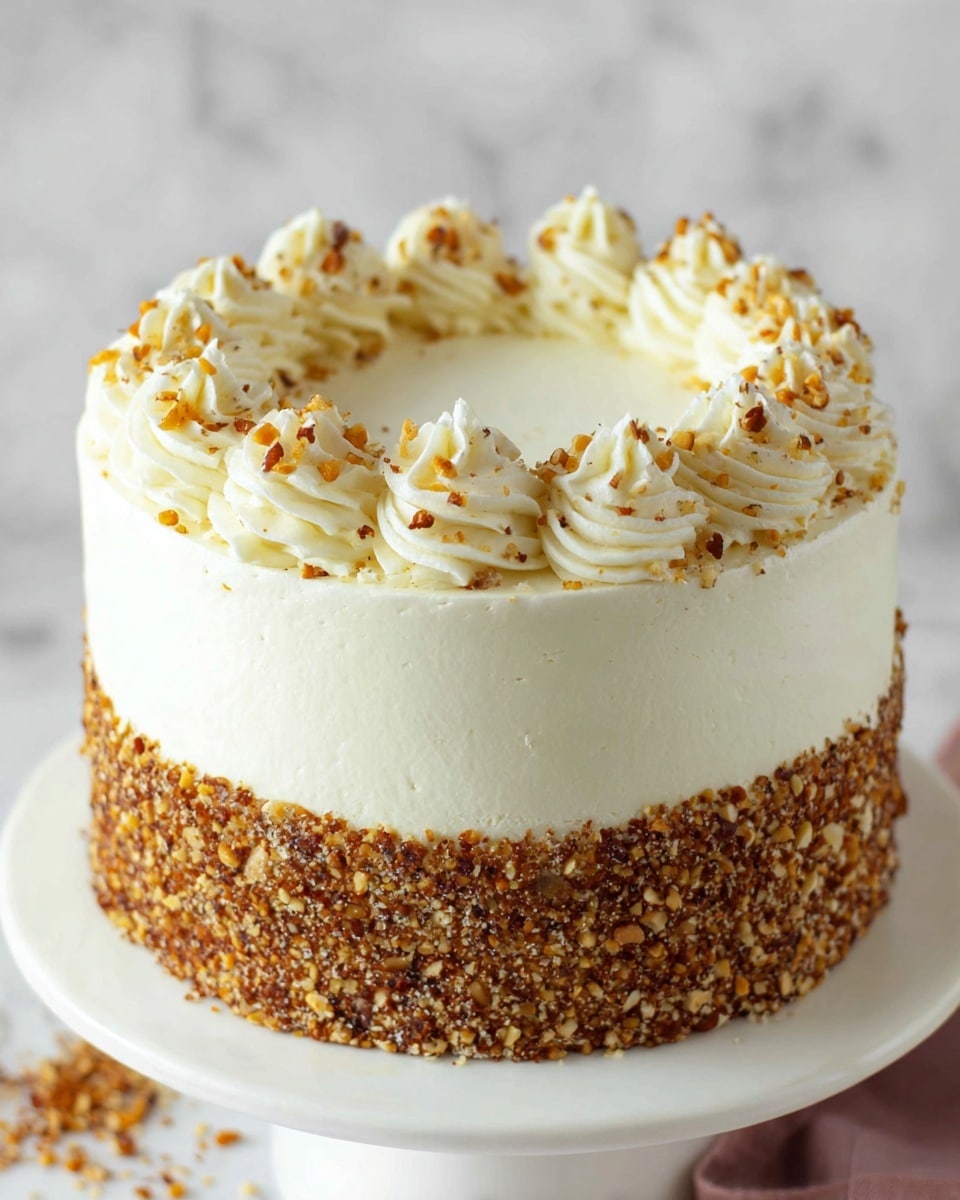 This is a round cake with two main layers: the bottom half is covered in small chopped brown nuts, creating a rough texture, while the top half is smooth and white, covered in creamy white frosting. Around the top edge of the cake, there is a ring of white frosting swirls, each swirl thick and soft looking, with sprinkled nuts scattered on and around them. The cake sits on a white plate with a white marbled surface background. photo taken with an iphone --ar 4:5 --v 7