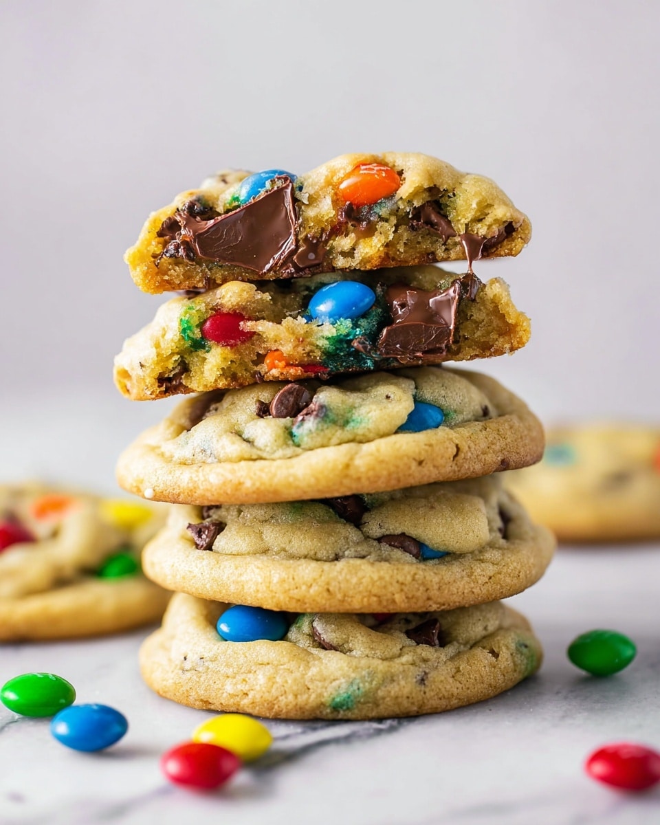 A stack of four thick cookies filled with colorful candy-coated chocolate pieces and chocolate chips sits on a white marbled surface. The bottom three cookies show a soft, light brown texture with green, red, yellow, and blue candy spots mixed with scattered chocolate chips. On top of the stack is a cookie broken in half, showing a moist, crumbly inside with chunks of melted chocolate and bright candy colors in orange, blue, and red. Around the stack, loose candy-coated chocolates in red, blue, yellow, and green add extra color to the scene. photo taken with an iphone --ar 4:5 --v 7