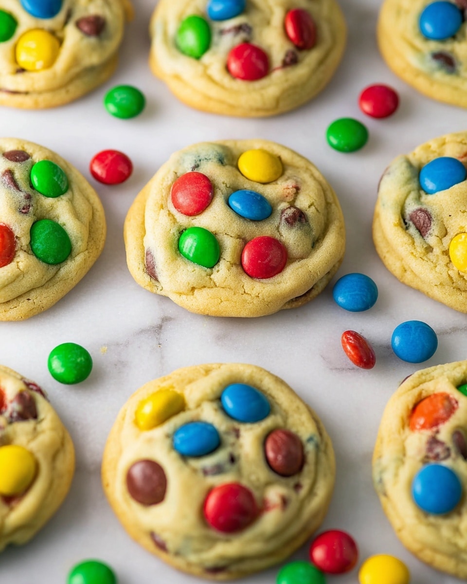 The image shows a group of soft, round cookies on a white marbled surface. Each cookie has a light golden-brown base with a slightly chewy texture and is topped with colorful candy-coated chocolate pieces in red, green, blue, yellow, and orange scattered all over the surface. There are also small, smooth milk chocolate chips spread between the colorful candies, adding a rich contrast to the cookie dough. The cookies are spaced closely but not touching, and loose candies are scattered around them on the surface, giving a playful and inviting look. photo taken with an iphone --ar 4:5 --v 7