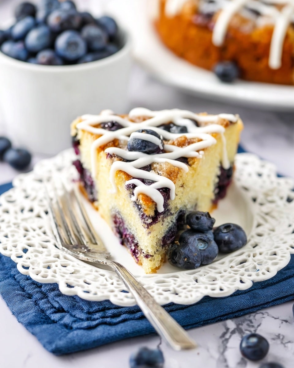 A single slice of blueberry cake sits on a white plate with intricate lace-like edges; the cake has one visible layer with a light yellow crumb mixed with dark purple blueberries and a golden-brown crust on top. The top surface is decorated with a white icing drizzle in a crisscross pattern. Around the slice, there are several loose blueberries adding a fresh touch. Beside the plate, a silver fork rests on a blue cloth, all placed on a white marbled surface. In the background, a white bowl filled with blueberries and the remaining blueberry cake are blurred out. photo taken with an iphone --ar 4:5 --v 7