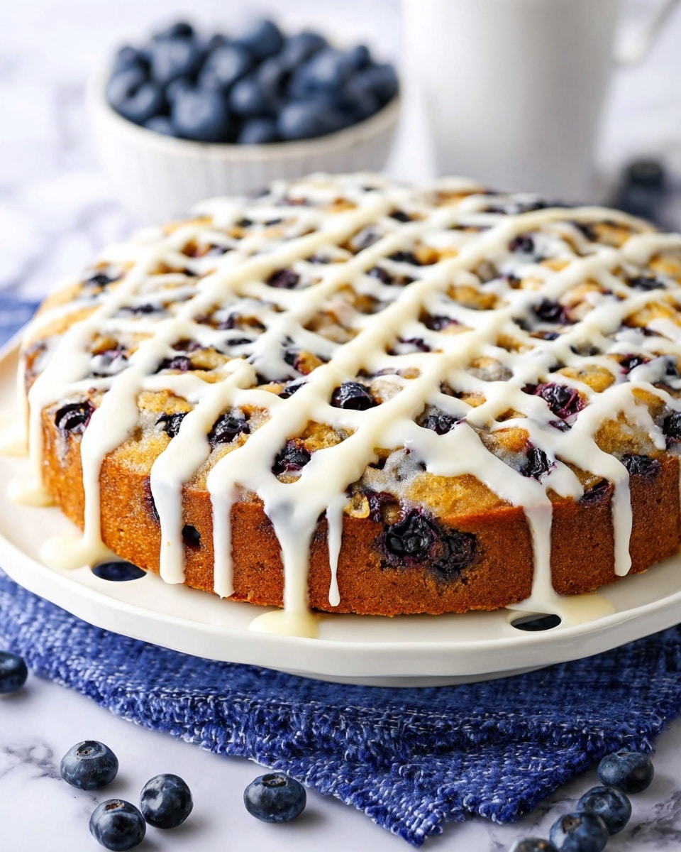 A round, golden-brown blueberry cake with dark purple blueberries baked inside and scattered on the sides sits on a white plate with small handles. The cake is topped with a thick layer of white glaze drizzled in a crisscross pattern that drips slightly down the sides. The plate rests on a blue cloth on a white marbled surface, with loose blueberries around the cake. A white bowl filled with blueberries is blurred in the background. Photo taken with an iphone --ar 4:5 --v 7