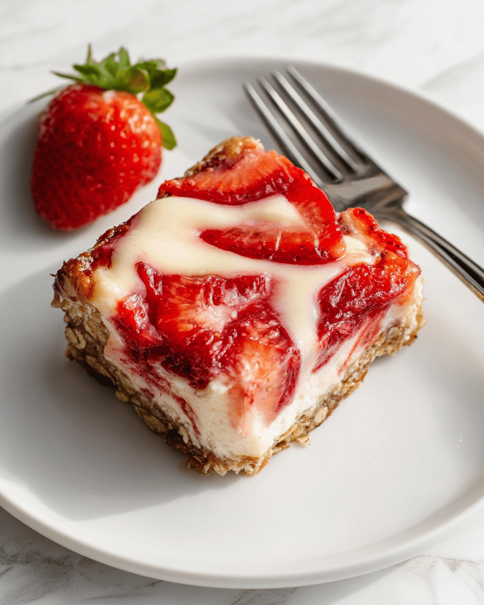 A square piece of strawberry dessert sits on a white plate with a white marbled texture underneath, showing three main layers: the bottom layer is a light brown, crumbly oat base with some visible texture, the middle layer has bright red, sliced strawberries and a swirled mix of red strawberry sauce, and the top layer is smooth and creamy white, with the strawberry pieces embedded in it. To the left side of the dessert is a halved fresh strawberry with green leaves, and to the right is a silver fork resting on the plate. The overall scene is bright and clear with natural light. photo taken with an iphone --ar 4:5 --v 7