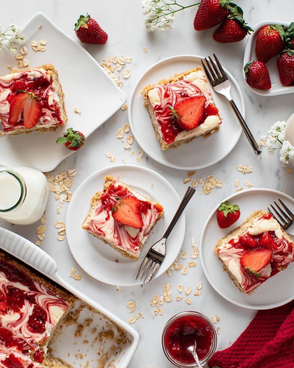 The image shows multiple servings of a dessert made of three main layers: a golden brown oat crust base, a creamy white cheesecake middle layer, and a topping of red strawberry jam swirled with fresh sliced strawberries. One serving is a rectangular slice on a white plate, garnished with a sliced strawberry on top. Three other square pieces are placed on white plates, each accompanied by a fork and featuring the mixed creamy and red jam swirl on top with visible strawberry pieces. A white baking dish with more dessert sits in the bottom left, and scattered oatmeal flakes and whole strawberries decorate the white marbled surface. A small jar of milk and a small white bowl of strawberry jam with a spoon complete the scene, with a red cloth and small white flowers adding gentle color accents. photo taken with an iphone --ar 4:5 --v 7