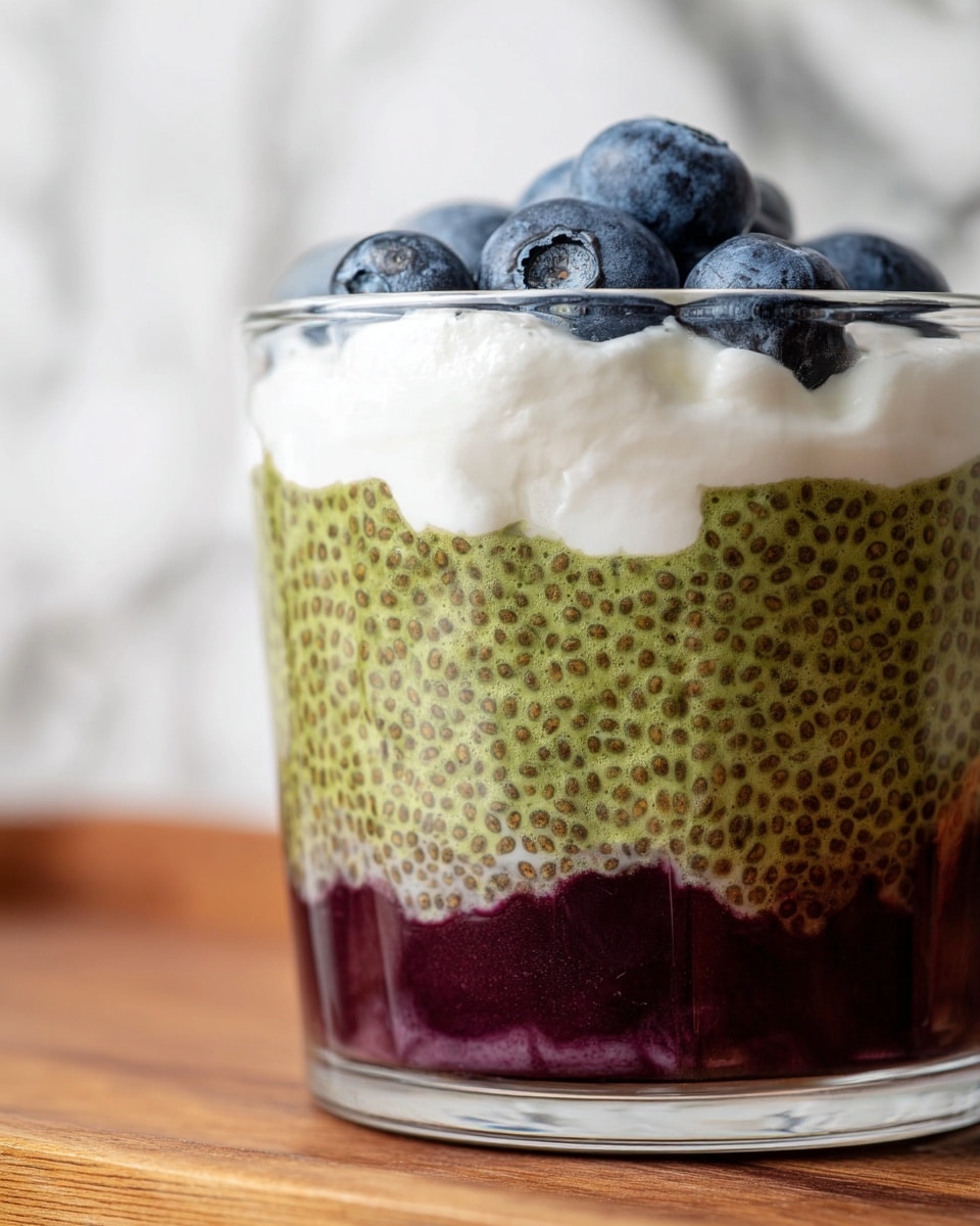 The image shows two clear glass cups placed on a wooden board with silver spoons next to them. Each cup has three layers: the bottom layer is a dark purple, jelly-like texture, the middle layer is green chia pudding with visible seeds, and the top layer is white cream or yogurt with three fresh blueberries placed on top. Some blueberries are also scattered on the white marbled surface in the background, which is softly blurred along with white flowers. Photo taken with an iphone --ar 4:5 --v 7