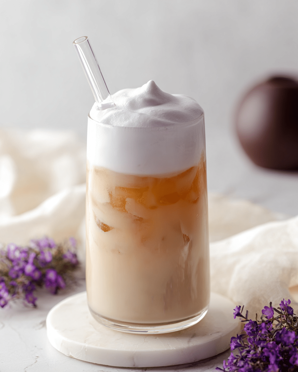 A tall clear glass filled with three layers, starting from the bottom with a light beige milky liquid with visible ice cubes, the middle layer blending smoothly with the base, and the top layer featuring a thick, fluffy, white foam with a small peak. A clear glass straw is placed inside the glass, angled slightly to the left. The glass rests on a round white marble coaster on a white marbled surface with a small bunch of purple flowers in the bottom right corner, and a soft white cloth partially visible on the left side of the frame. The background is softly blurred with a hint of a darker rounded object near the top center. photo taken with an iphone --ar 4:5 --v 7
