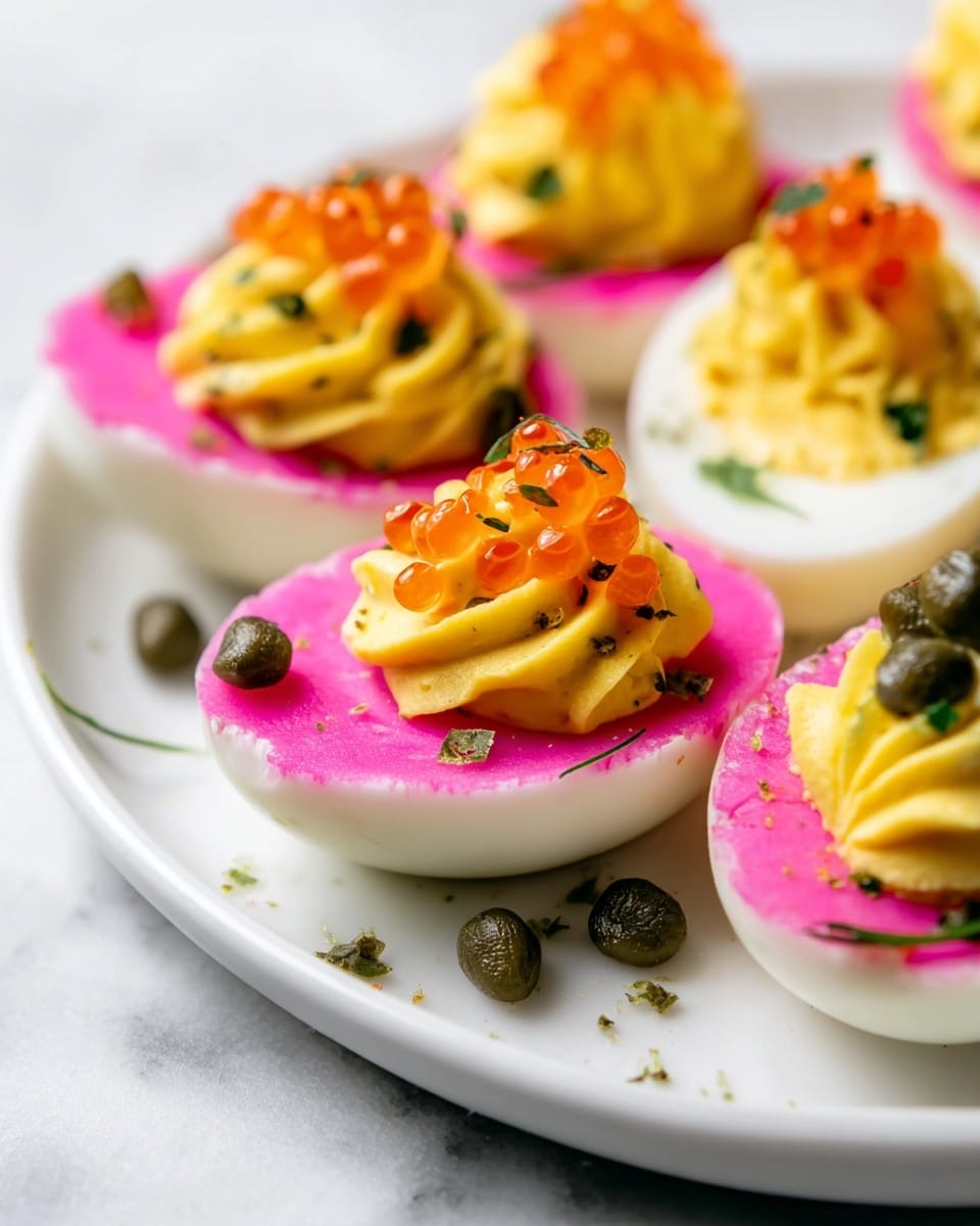 The image shows a white plate with several pink-edged deviled eggs, each cut in half and filled with a bright yellow, creamy yolk mixture that has a smooth, slightly whipped texture. On top of the yolk mixture, different garnishes add layers of color and texture: one egg is topped with small orange fish eggs clustered on one side, another has green capers, and there are small green herb pieces scattered on and around the eggs as well. The white egg whites contrast with the vibrant pink outer edges and yellow filling. The plate is set on a white marbled surface. photo taken with an iphone --ar 4:5 --v 7