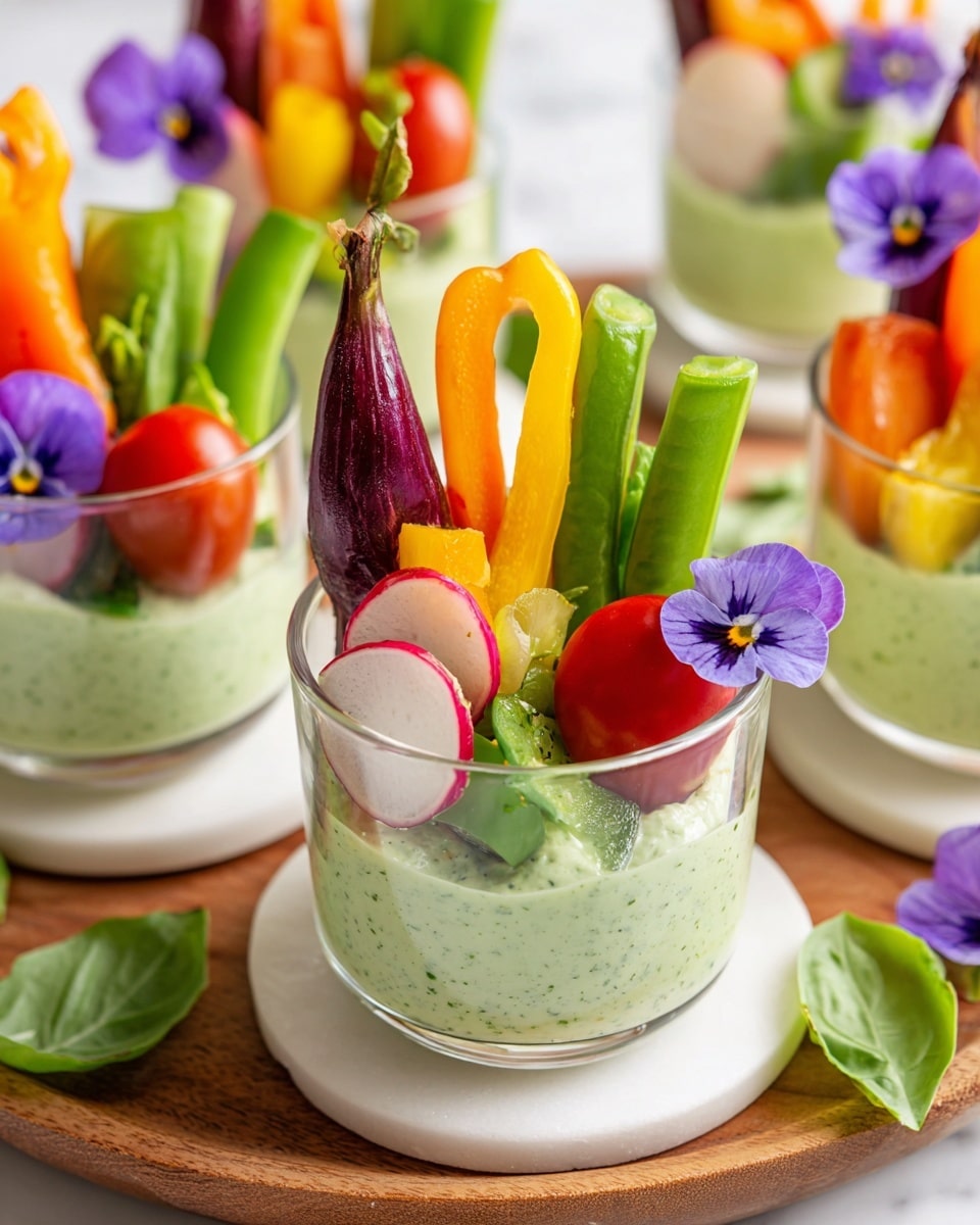 The image shows clear glass cups each filled with a creamy green herb dip at the bottom. The dip is topped with colorful fresh vegetables arranged like a small bouquet: a vertical purple radish slice with white and pink tones, bright green snap peas, a vertical green celery stick, yellow and red mini bell pepper slices, orange and purple carrot sticks, and small red cherry tomatoes. Each cup is decorated with a delicate violet edible flower placed near the vegetables. The cups are placed on white round coasters and a wooden board, all set on a white marbled surface. Green basil leaves and a few more violet flowers are scattered around as decoration. Photo taken with an iphone --ar 4:5 --v 7