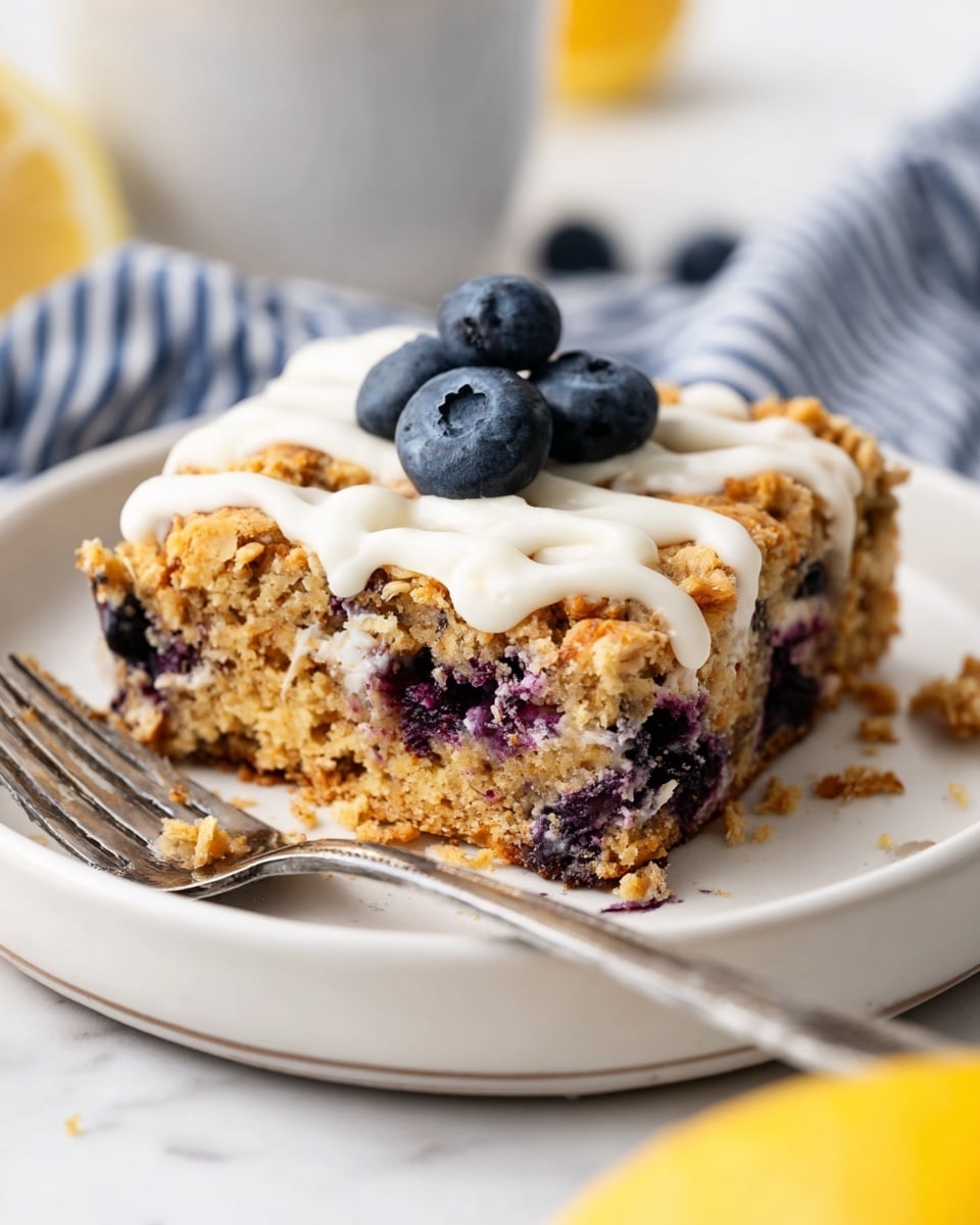 A thick square bar with a crumbly, golden-brown oat base mixed with dark purple blueberry pieces fills most of the white plate. The top is decorated with a white creamy drizzle covering most of the upper surface and three fresh blueberries placed at the center. The bar looks soft with some crumbles around it, showing a bit of a moist texture inside. The plate sits on a white marbled surface with a silver fork and a striped blue cloth nearby, and a small blurred lemon slice is visible at the right bottom corner. Photo taken with an iphone --ar 4:5 --v 7