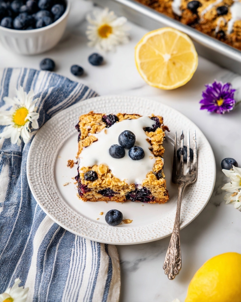 A square piece of oat and blueberry baked bar sits in the center of a white plate with a textured edge, topped with a drizzle of white yogurt or cream and three fresh blueberries. The bar’s surface is golden brown with visible oats and scattered dark blueberries baked into it. A vintage silver fork lies to the left of the bar resting on a blue and white striped cloth that flows onto the white marbled surface. Nearby, a halved lemon and a whole lemon add bright yellow color to the setting, along with white and purple flowers placed around the plate. In the upper right corner, a baking pan holds more oat bars with blueberries. A small white bowl filled with fresh blueberries is in the top left corner. Photo taken with an iphone --ar 4:5 --v 7