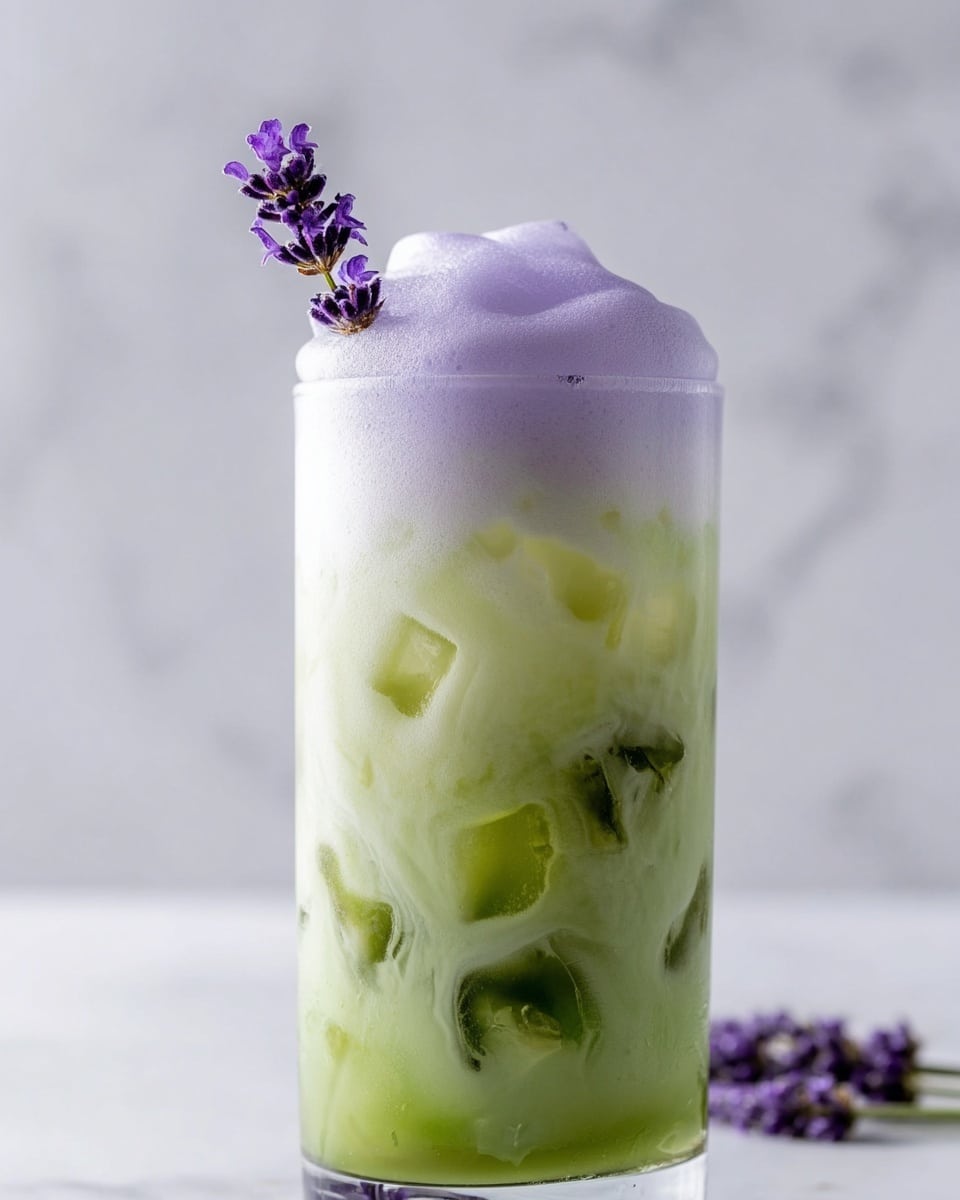 This image shows a tall clear glass filled with a layered drink, starting with a light green bottom layer mixed with darker green swirls and ice cubes inside, topped by a thick, fluffy light purple foam layer. A small sprig of purple lavender flower is placed on the left side, sticking out of the foam. The background and surface have a clean white marbled texture, giving a bright and fresh feel. photo taken with an iphone --ar 4:5 --v 7
