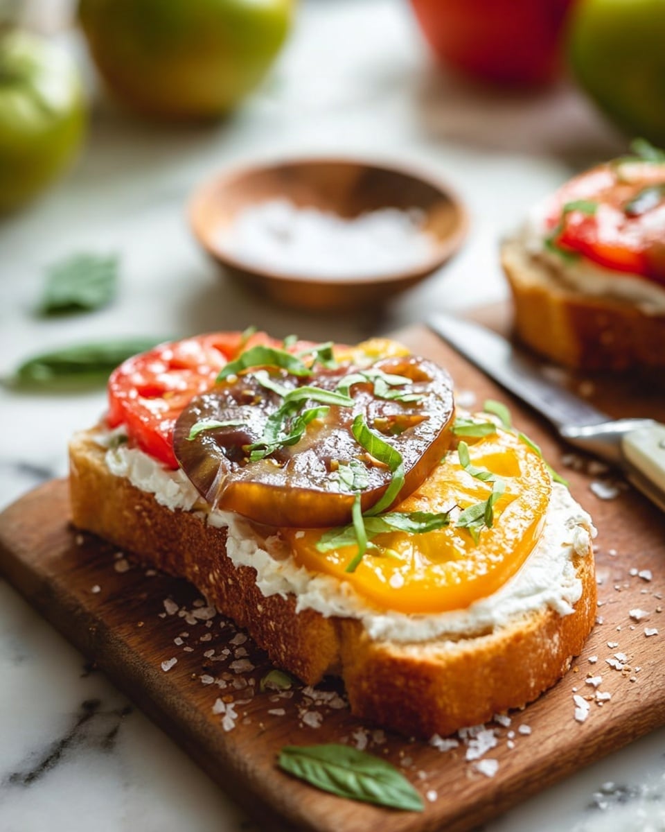 A piece of toasted bread with a crispy golden crust and soft inside forms the base layer, spread evenly with a white creamy layer of cheese. On top of the cheese, there are four slices of colorful heirloom tomatoes, arranged overlapping from bottom to top in shades of dark purple, yellow, and red. The toast is garnished with thin, fresh green basil leaves sprinkled over the tomatoes. The toast sits on a wooden board with a knife below it, coarse salt flakes scattered around, and blurred background elements including a small bowl of salt and a green tomato. The surface is changed to a white marbled texture. photo taken with an iphone --ar 4:5 --v 7
