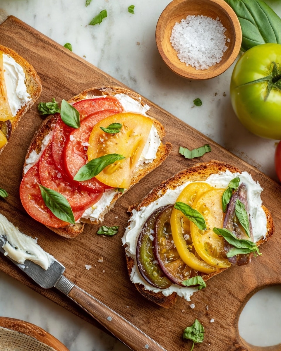 The image shows two slices of toasted bread placed on a wooden cutting board. Each slice has a spread of white creamy cheese on top, followed by three layered slices of different colored tomatoes: red, yellow, and dark purple-brown. Fresh green basil strips are sprinkled over the tomatoes. On the left side of the board, there is a silver knife with some white spread on its tip. In the top right corner, there is a small wooden bowl filled with coarse salt, and next to it, a whole green tomato is positioned. The scene is set on a white marbled surface with some scattered basil leaves and coarse salt crystals around. Photo taken with an iphone --ar 4:5 --v 7