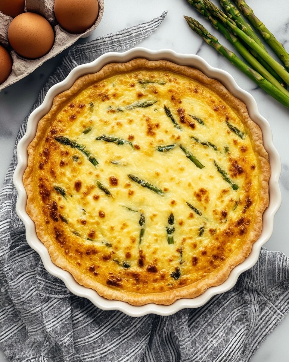 A close-up of a quiche with a golden-brown top filled with visible pieces of green asparagus, inside a white scalloped pie dish. The crust is light beige and looks crisp, forming a scalloped edge around the quiche. The creamy yellow egg mixture with melted cheese gives the top a slightly shiny, textured look with small browned spots. Around the dish, there is a gray and white striped cloth on a white marbled surface, a handful of fresh green asparagus spears, and a carton holding brown eggs. Photo taken with an iphone --ar 4:5 --v 7