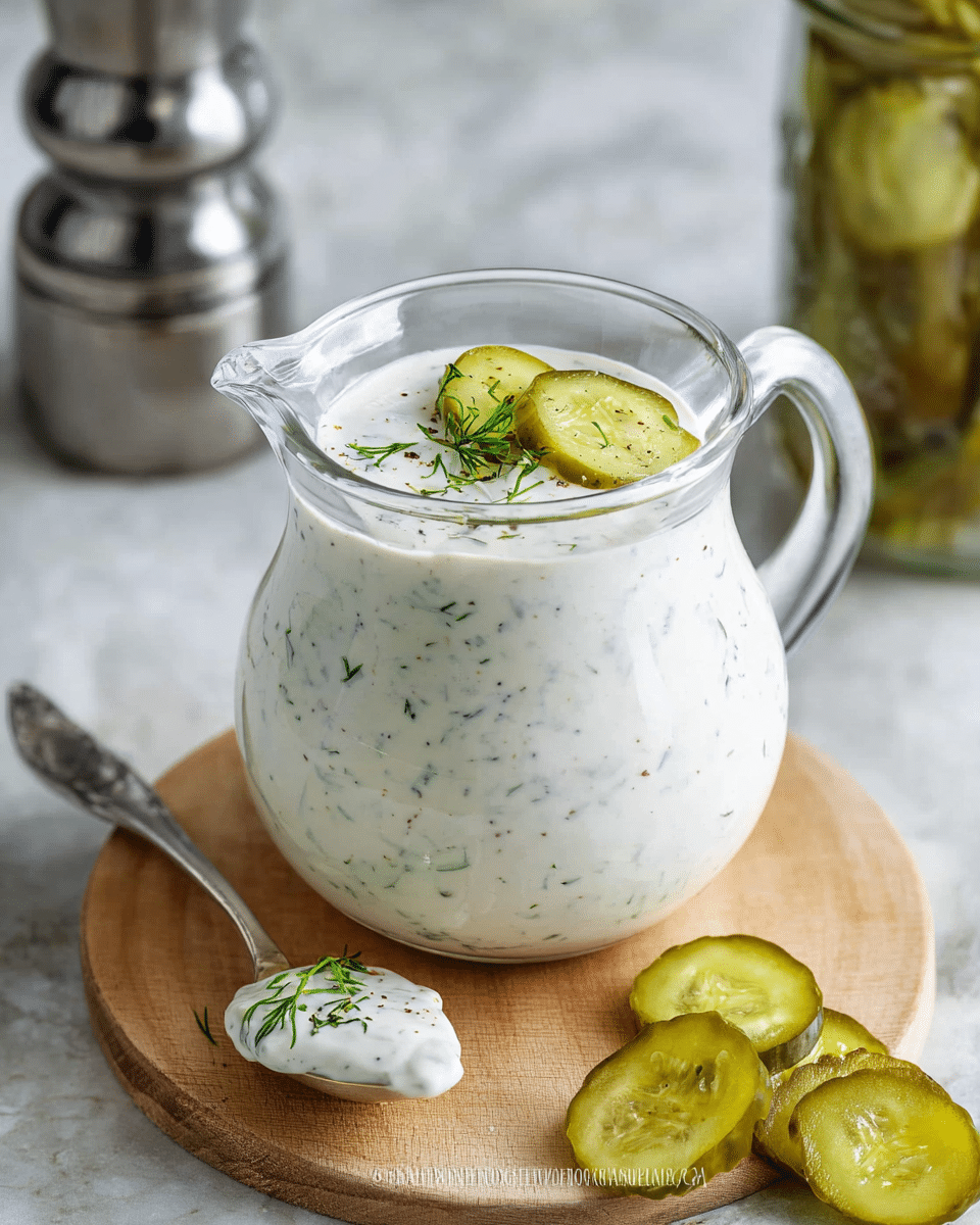 A clear glass pitcher filled with creamy white ranch dressing speckled with small green herbs and black pepper, topped with two thin slices of green pickles and a small sprig of dill floating on the top layer. The pitcher sits on a light wooden board next to a silver spoon holding a small amount of the same dressing with green herb flecks. To the right on the board, there are several pickle slices scattered. The background has a white marbled texture with a clear jar containing pickles and a silver pepper grinder blurred behind. photo taken with an iphone --ar 4:5 --v 7