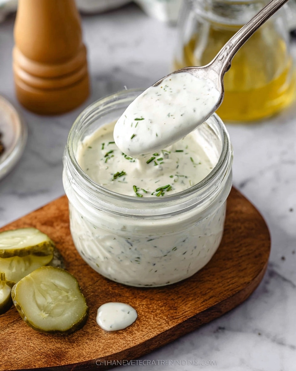A glass jar filled with a creamy white sauce flecked with small green herbs is placed on a wooden board. A silver spoon lifts a thick dollop of the sauce, showing its smooth texture with specks of herbs throughout. Next to the jar on the board are a few round slices of pickles, and a small drop of the sauce rests near the edge. In the background, there is a glass container with a yellowish liquid and a pepper grinder, all set on a white marbled surface. photo taken with an iphone --ar 4:5 --v 7