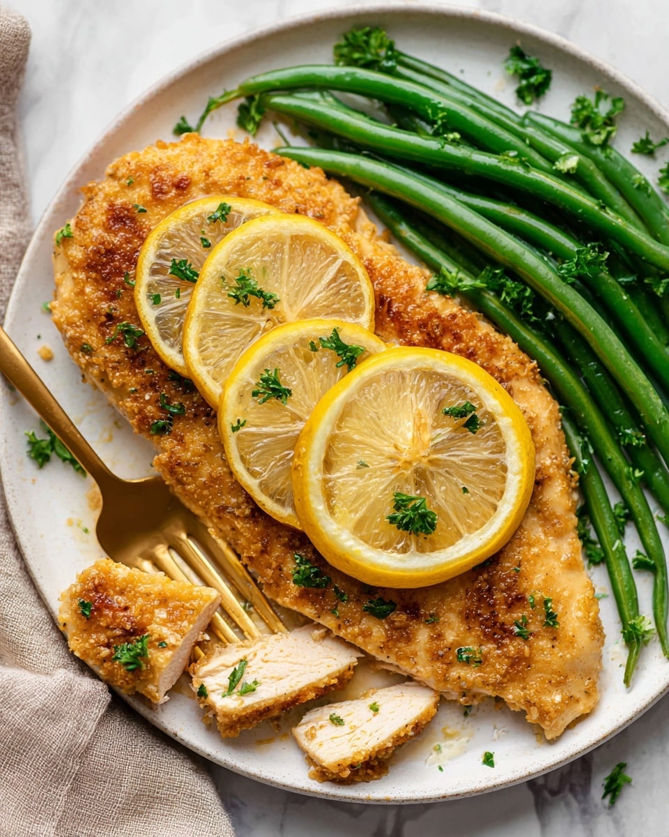 Two golden brown cooked chicken breasts sit on a white plate, each topped with a thin half-moon slice of bright yellow lemon and sprinkled with small green parsley pieces. The chicken's textured surface is smooth and slightly crispy, with one piece sliced into three strips at the front, showing juicy interior. Crisp green beans are stacked on the right side of the plate, their bright green color contrasting with the warm tones of the chicken. A gold fork rests on the bottom left of the plate, holding a bite-sized piece of chicken with a small parsley garnish. The plate is set on a soft white marbled texture. photo taken with an iphone --ar 4:5 --v 7