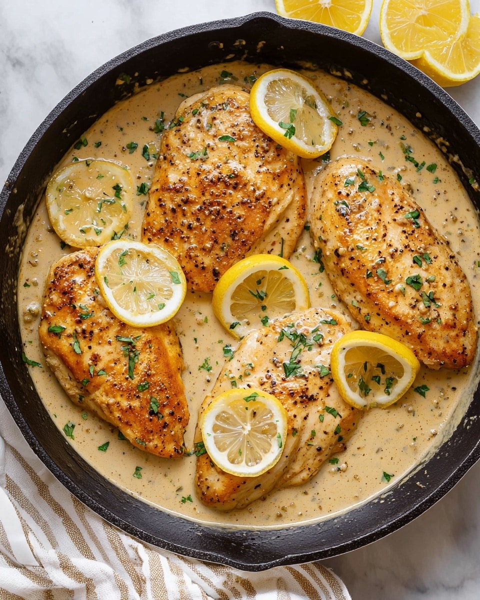 A close-up image of a black cast iron pan filled with four golden-brown cooked chicken breasts on top of a light tan creamy sauce with visible pepper specks, garnished with small green herb pieces. Thin lemon slices float in the sauce around the chicken, with one lemon slice placed on top of two chicken breasts. The pan sits on a white marbled texture with a folded beige and white striped cloth below it, and extra lemon slices are partially visible at the top right edge. Photo taken with an iphone --ar 4:5 --v 7