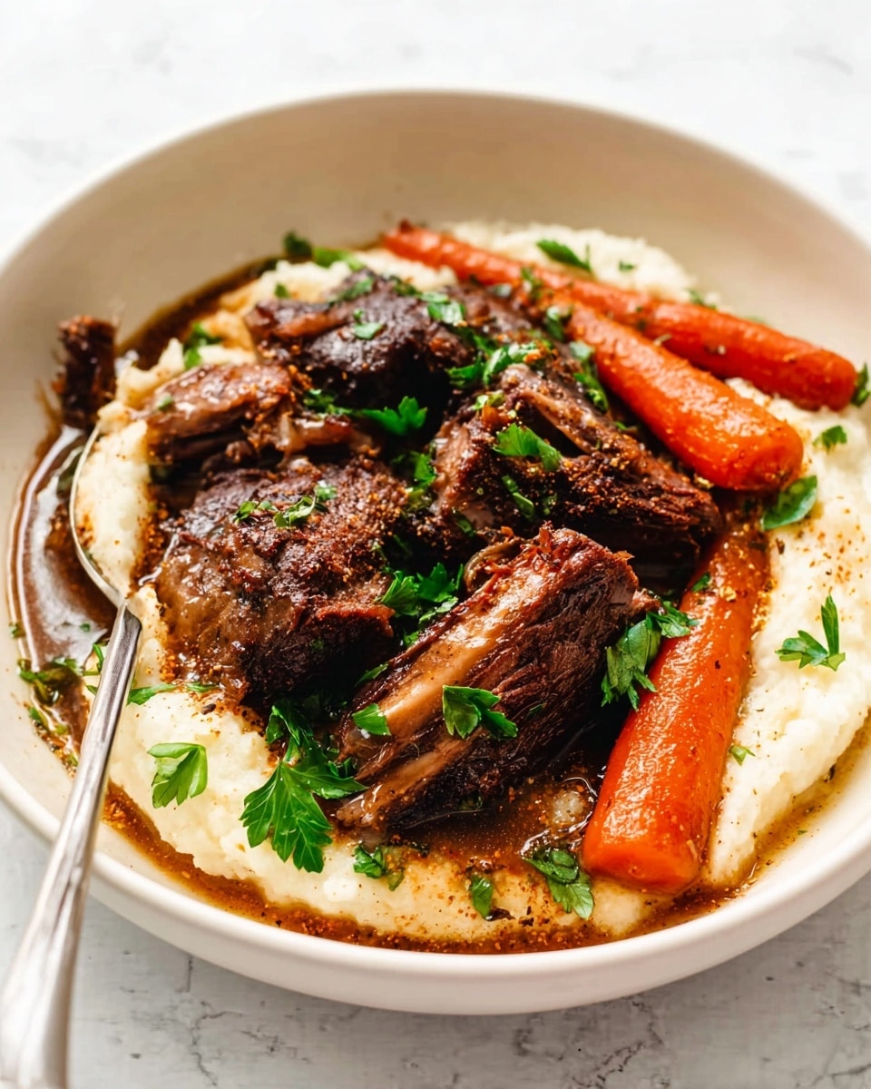 A white bowl holds a base layer of smooth, creamy mashed potatoes, pale in color with a soft texture. On top, there are several large, tender pieces of slow-cooked dark brown short ribs covered in a rich, glossy sauce that adds a shiny, moist look. Bright orange whole cooked carrots are placed on and around the meat, their surface slightly glistening and textured with seasoning. Fresh green parsley leaves are scattered over the dish, adding a pop of color and freshness. A silver fork rests inside the bowl on the left side, lightly touching the carrots and meat. The bowl is set on a white marbled surface. photo taken with an iphone --ar 4:5 --v 7