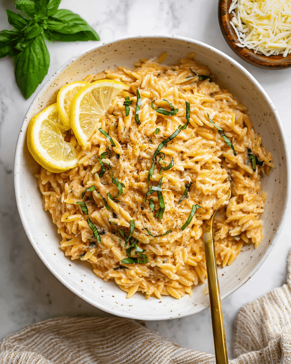 A white bowl filled with creamy orzo pasta, showing about three layers of orzo coated in a light orange creamy sauce, with some small green basil shreds scattered on top. Two lemon slices rest on the left side of the orzo, and some grated cheese is lightly sprinkled over the dish. A gold fork is placed inside the bowl on the right side, partially submerged in the pasta. The bowl sits on a white marbled surface with a green basil leaf and a small bowl of shredded cheese in the upper right background, and a beige striped cloth partially visible on the lower left. photo taken with an iphone --ar 4:5 --v 7