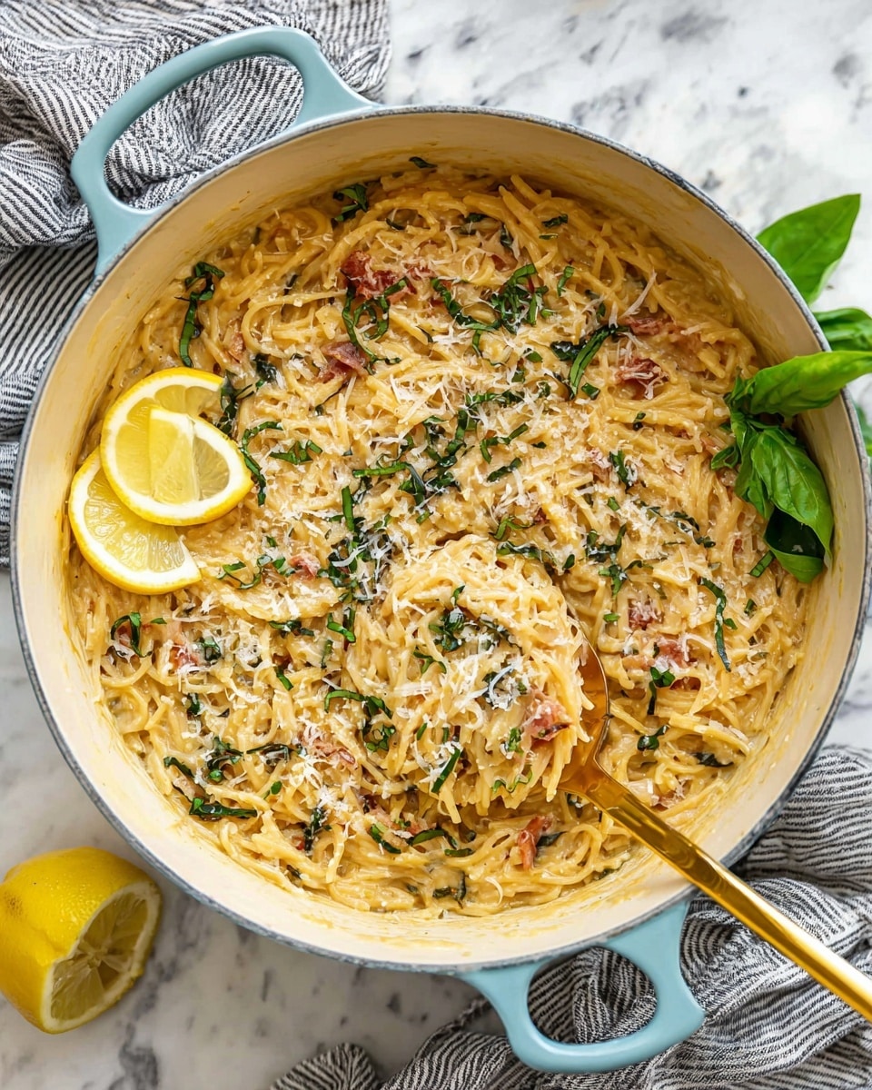 A large white pot with light blue handles contains creamy pasta cooked in a thick sauce, with small pieces of bacon or pancetta mixed in. The pasta is covered with a layer of grated cheese and finely chopped fresh green herbs scattered on top. Two thin slices of lemon and a small green basil leaf sit on one side of the pot, adding a pop of yellow and green. A gold-colored spoon dips into the middle of the dish, scooping up a creamy portion. The pot is placed on a white marbled surface with a striped gray and white cloth nearby. Photo taken with an iphone --ar 4:5 --v 7