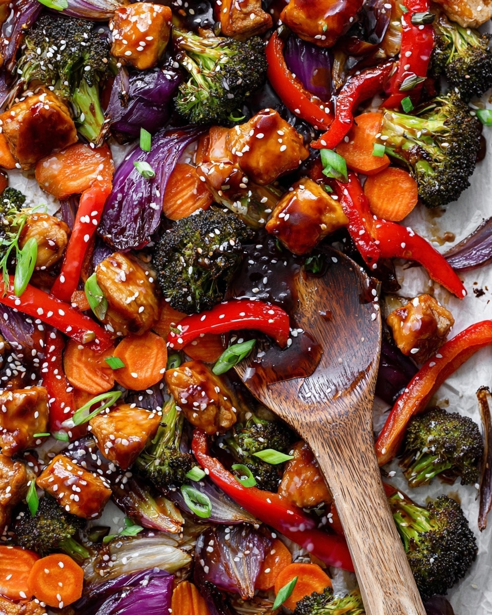 The image shows a close-up of a cooked dish with three main layers of ingredients spread across the surface. The base layer consists of bright orange carrot slices, deep purple onion chunks, and dark green broccoli florets, all roasted with slight charring. On top of this, there are shiny, reddish strips of bell pepper and pieces of golden brown, glazed chicken chunks coated in a glossy, dark sauce. The entire dish is sprinkled with white and black sesame seeds and small, thin green scallion slices scattered on top. A large wooden spoon rests among the ingredients on a white marbled textured surface, partly covered by the vegetables and chicken. Photo taken with an iphone --ar 4:5 --v 7