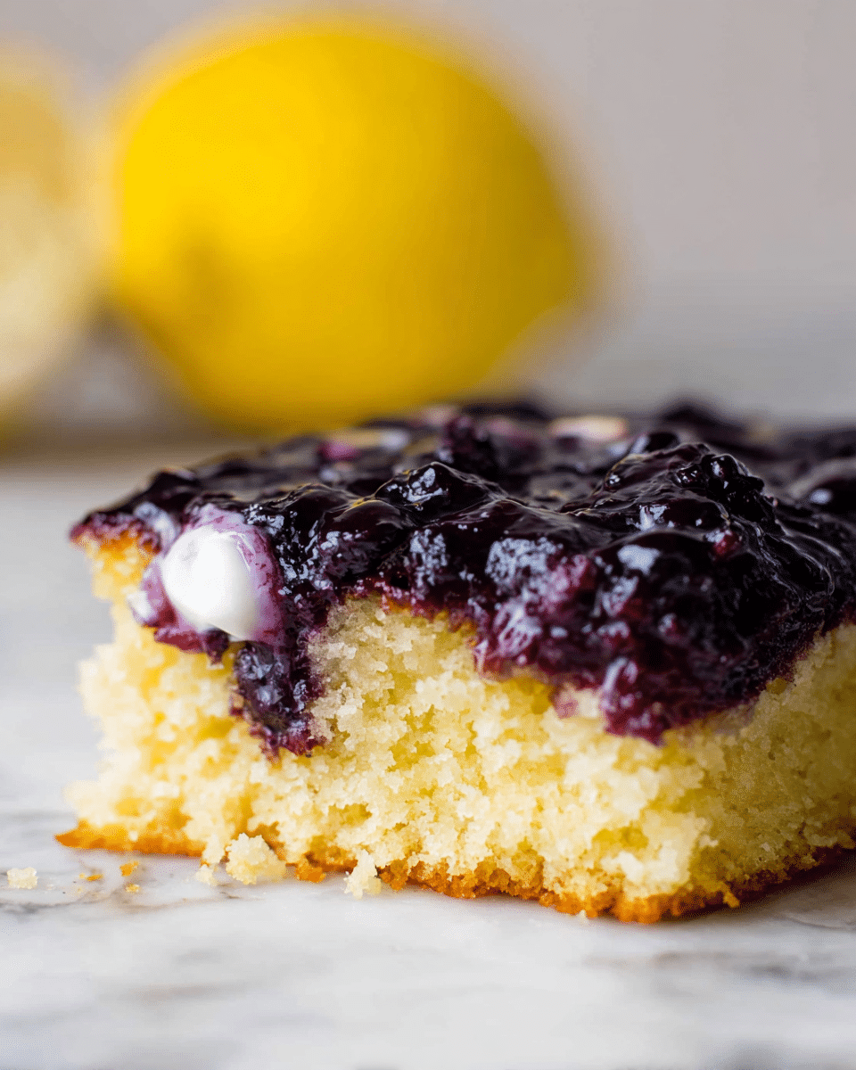 The image shows a close-up of a slice of cake with two visible layers. The bottom layer is a soft, light yellow cake that looks moist and crumbly. On top of it is a thick, glossy layer of dark purple-blue blueberry topping that appears juicy and chunky. There is a small bit of white cream or frosting peeking out from under the blueberry layer near the left side. In the background, slightly blurred, there is a whole yellow lemon placed on a white marbled surface. Photo taken with an iphone --ar 4:5 --v 7