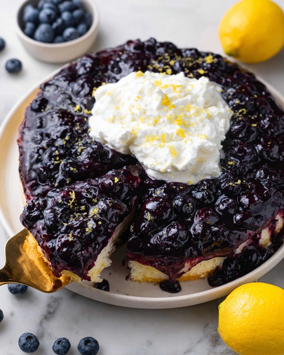 A round dessert with three visible layers sits on a white plate on a white marbled surface. The bottom layer is a light yellow cake base, topped with a thick dark purple layer made of glossy blueberries and their sauce, covering the entire cake except the edges where the cake is slightly visible. On top of the blueberries, there is a large dollop of thick white cream sprinkled with small bits of yellow lemon zest. A slice is cut out and lifted slightly by a gold-colored spatula, showing the cake and blueberry layers clearly. Around the plate, fresh blueberries and two bright yellow lemons add color. photo taken with an iphone --ar 4:5 --v 7