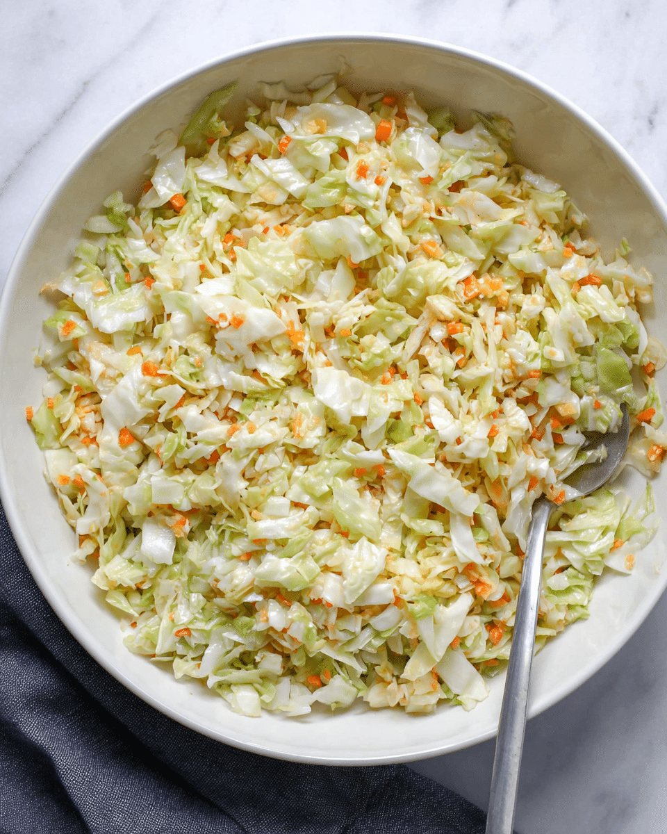 A large white bowl is filled with a mixture of finely chopped vegetables, mostly pale green and white cabbage pieces mixed with small bits of orange carrot and light green celery. The texture looks fresh and slightly moist, with the vegetables evenly spread inside the bowl. A silver spoon with a shiny surface rests partly inside the bowl on the right side, slightly sunk into the mixture. The bowl sits on a white marbled surface, and a folded dark gray cloth is placed nearby at the bottom left corner. photo taken with an iphone --ar 4:5 --v 7