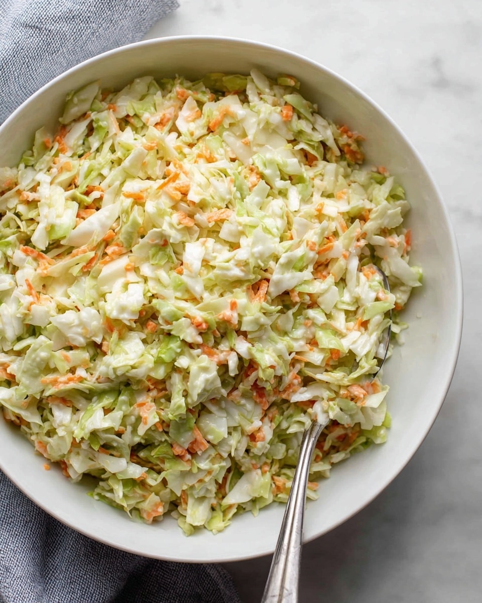 A white bowl filled with finely chopped coleslaw, showing three main layers: light green and white cabbage pieces with a crisp texture form the base, mixed with small bits of orange carrot scattered evenly throughout adding color contrast, all coated lightly with a creamy dressing giving a shiny look; a silver spoon rests inside the bowl near the bottom right, partially covered by the salad; the bowl sits on a white marbled surface with a soft gray cloth slightly visible under the left side of the bowl. photo taken with an iphone --ar 4:5 --v 7