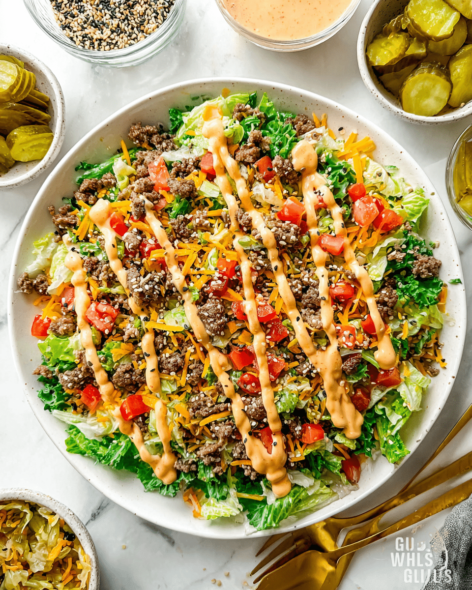 A close-up top view of a salad served on a white plate, placed on a white marbled textured surface. The salad has multiple layers starting with a base of green leafy lettuce, followed by diced red tomatoes and shredded orange cheese mixed evenly throughout. Scattered chunks of cooked ground beef are distributed in the middle layer. The salad is drizzled with a creamy, pale orange dressing in a zigzag pattern on top, finished with sprinkled sesame seeds all over. Around the plate are bowls containing additional sesame seeds, pickles, and a golden spoon partially visible. Photo taken with an iphone --ar 4:5 --v 7