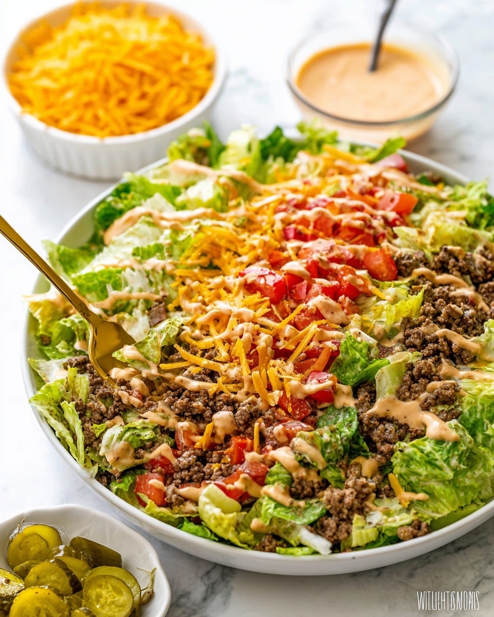 A large white shallow bowl holds a mixed salad with three main layers: the bottom layer consists of chopped bright green lettuce leaves, the middle layer is made up of crumbled browned ground beef mixed with diced red tomatoes, and the top layer is thin orange shredded cheese sprinkled across, all drizzled with a creamy light orange dressing. A pair of gold utensils is stirring the salad, and in the background, a small white bowl filled with shredded cheddar cheese and a round white dish with pickles are placed on a white marbled surface. photo taken with an iphone --ar 4:5 --v 7