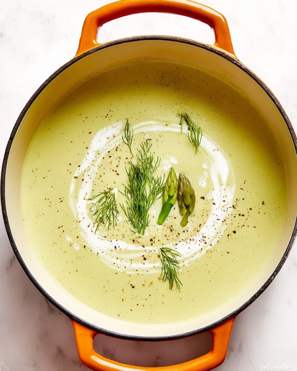 A white cast iron pot with bright orange handles holds a creamy, pale green soup with a smooth texture, almost filling the pot. On the soup's surface, there is a swirl of white cream and a few cracks of black pepper scattered around. At the center, four small, green asparagus tips and two sprigs of fresh dill rest delicately side by side. The pot sits on a white marbled texture background. photo taken with an iphone --ar 4:5 --v 7