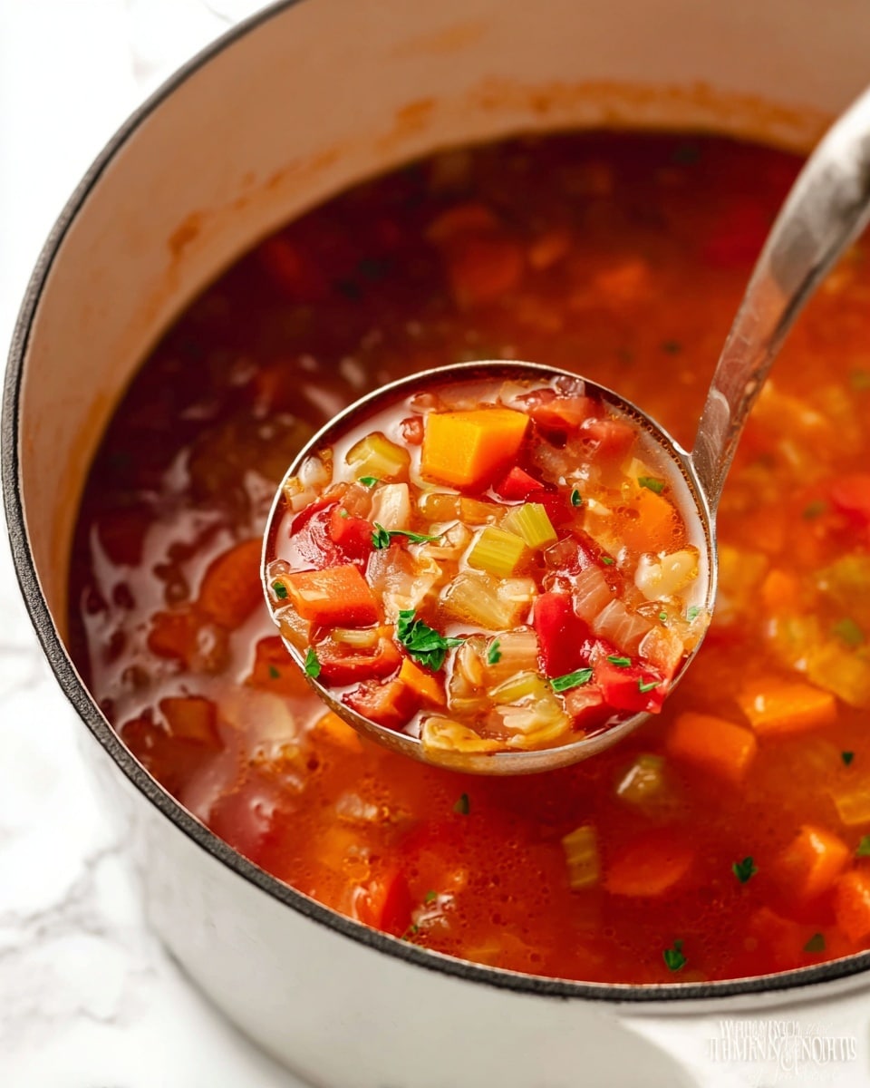 A close-up view of a white pot filled with vegetable soup, showing a ladle lifting a spoonful. The soup has a clear red broth base with visible chunks of orange carrots, light green celery, diced red tomatoes, and small bits of green herbs floating throughout. The texture appears chunky and colorful with various vegetable pieces layered evenly in the broth. The pot and ladle reflect soft light, and the photo is taken against a white marbled texture. photo taken with an iphone --ar 4:5 --v 7