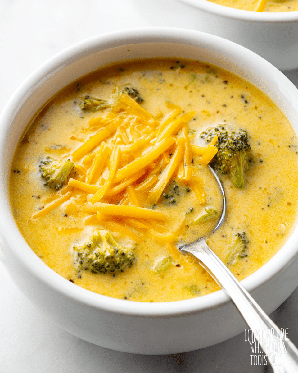 A white bowl filled with creamy broccoli cheese soup, showing a rich, smooth yellow-orange base with visible small pieces of green broccoli throughout. The top layer is scattered with shredded bright orange cheddar cheese. A shiny silver spoon rests inside the bowl on the right side, partially submerged in the soup. The bowl sits on a white marbled surface with soft lighting highlighting the soup's texture and colors. photo taken with an iphone --ar 4:5 --v 7