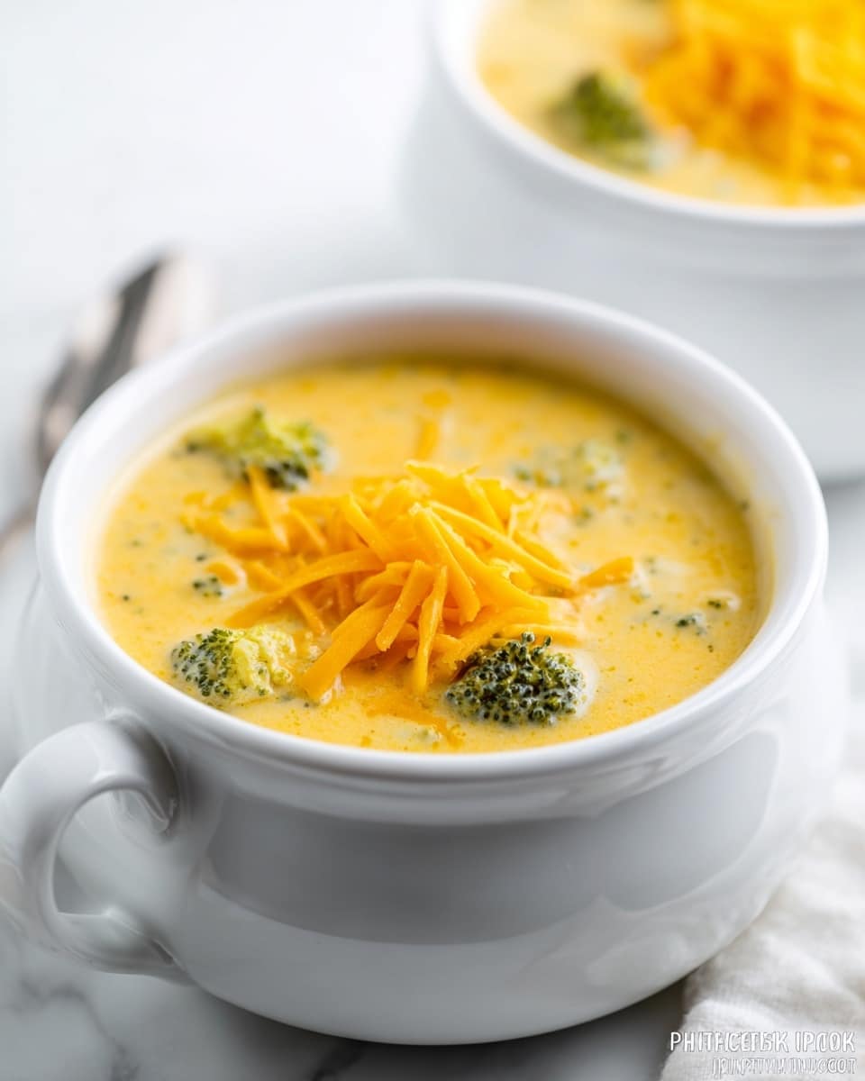 A white soup bowl with a handle is filled with creamy yellow cheese soup that has visible small green broccoli pieces mixed in. On top, there is a small pile of bright orange shredded cheddar cheese adding texture and color contrast. The bowl sits on a white marbled surface, and a second similar bowl with soup is blurred in the background. The whole scene is bright with soft natural light. photo taken with an iphone --ar 4:5 --v 7