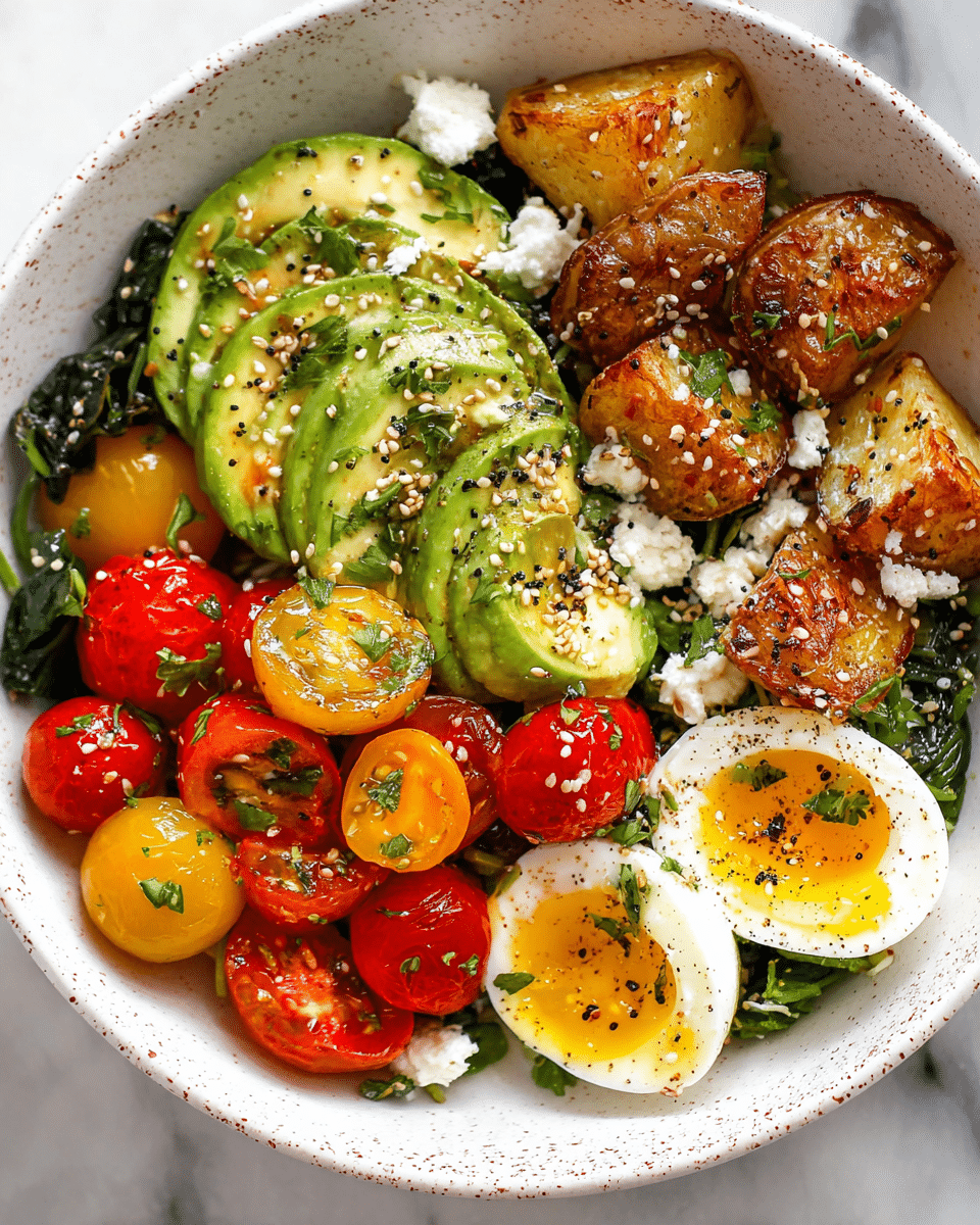A white speckled bowl holds a colorful, layered meal starting with a base of cooked greens that look soft and dark green. On one side, there are golden brown roasted potato pieces sprinkled with black and white sesame seeds and some chopped green herbs. Next to the potatoes, bright green avocado slices are neatly arranged. Around them are halved cherry tomatoes in bright red and yellow colors, some whole and shiny, others cut to show their juicy insides. Crumbled white cheese is scattered over the greens and tomatoes, adding a soft texture. Two soft-boiled egg halves with bright yellow yolks and sprinkled black pepper and herbs sit on one side of the bowl. The bowl rests on a white marbled surface. photo taken with an iphone --ar 4:5 --v 7