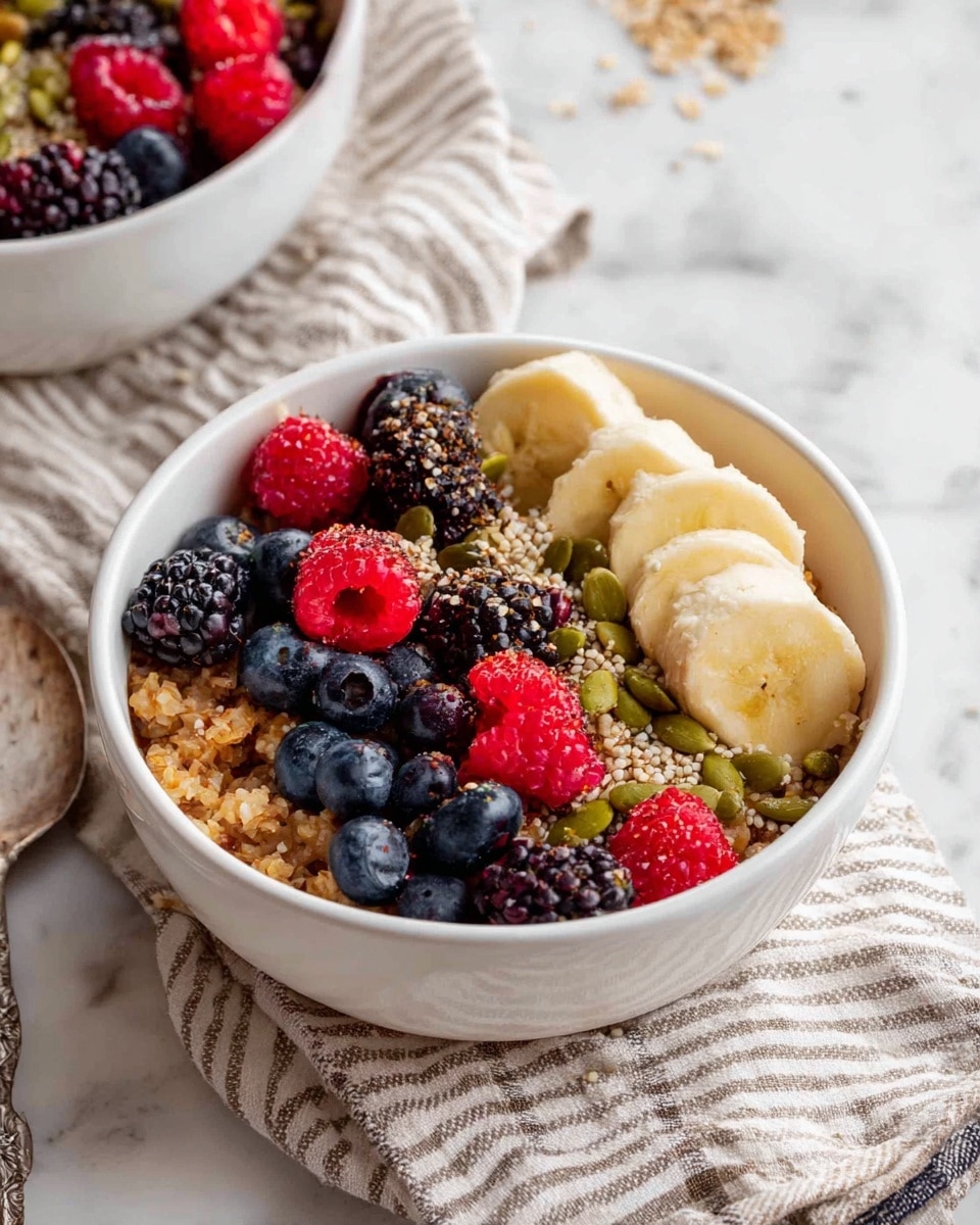A white bowl filled with three main layers is shown. The bottom layer is a light brown cooked grain mix, textured with small, soft clumps. On top, a row of sliced banana curves around one side, pale yellow and smooth. The center and remaining top surface is dotted with fresh fruits: deep black blackberries, bright red raspberries, and small dark blue blueberries, creating a lively mix of colors and textures. Scattered green pumpkin seeds and tiny beige hemp seeds add contrast and a slight crunch. The bowl sits on a soft beige and gray striped cloth, all placed on a white marbled surface, with a partial view of another similar bowl nearby. photo taken with an iphone --ar 4:5 --v 7