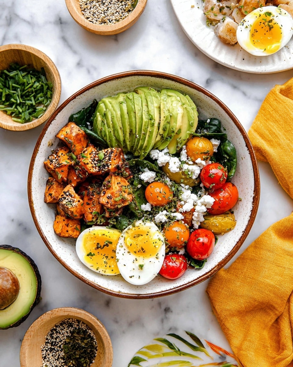 A white scalloped bowl filled with layers starting with a base of fluffy yellow scrambled eggs. On top, there are bright green chopped scallions, soft pale green avocado cubes, and small red tomato pieces scattered around. Crumbled brown bacon bits add texture, with a dollop of creamy white sour cream sprinkled with green herbs and black pepper sitting near the center. On one side of the bowl, a golden brown crispy hash brown rests against the eggs. A green parsley leaf garnish adds a fresh touch. The bowl is placed on a white marbled surface with another similar bowl blurred in the background. photo taken with an iphone --ar 4:5 --v 7