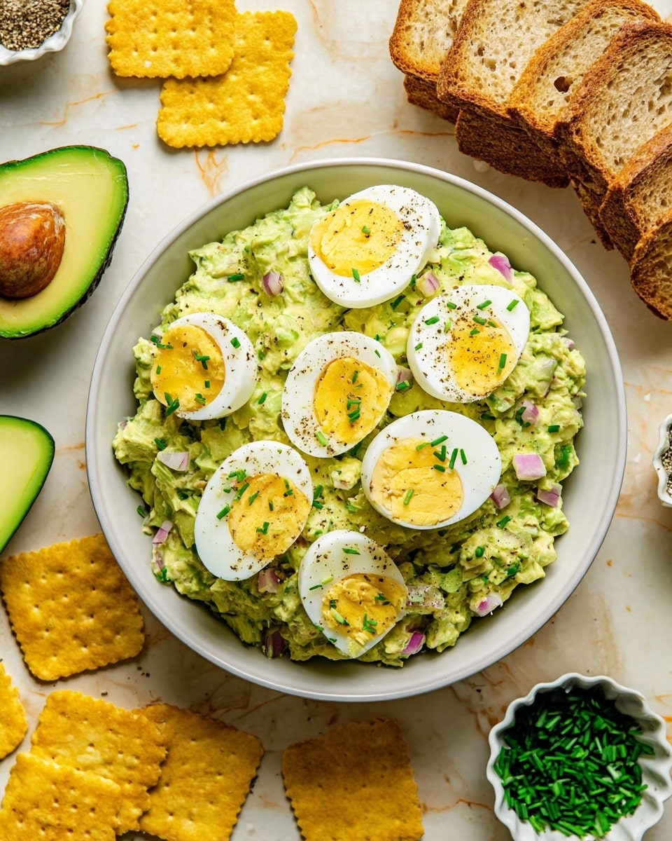 Two slices of toasted brown bread are placed on a white plate, each topped with a thick layer of green avocado salad mixed with small pieces of red onion and chopped chives. On top of this creamy layer, there is one half of a boiled egg with a bright yellow yolk, sprinkled with black pepper and more chopped chives. The plate sits on a white marbled surface, with part of a halved avocado and a few bowls containing chopped onions and seasoning visible around it. photo taken with an iphone --ar 4:5 --v 7