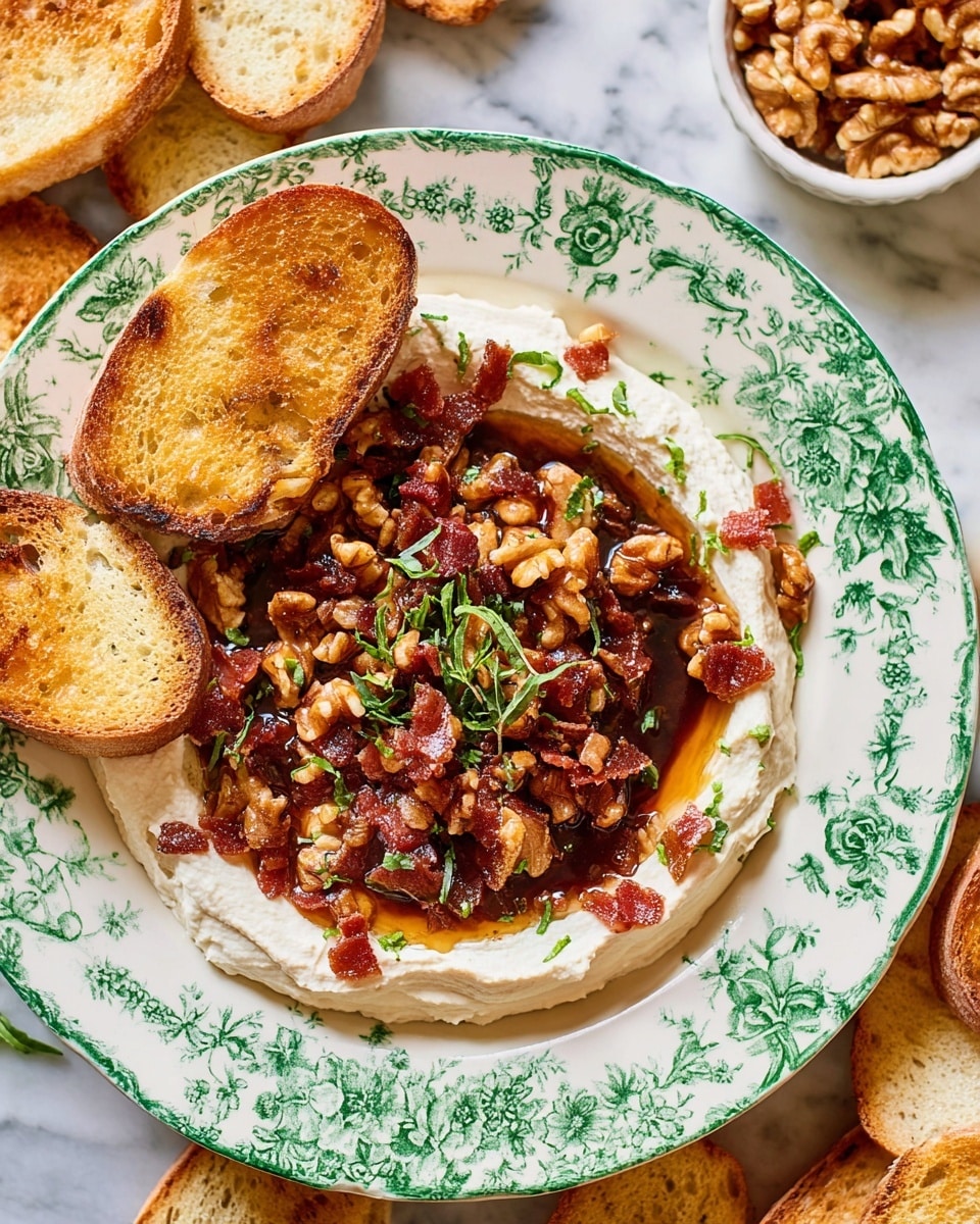 A white plate with green floral patterns holds a layered dish starting with a thick creamy white spread forming the base. On top of this is a shiny dark brown sauce spread unevenly across the center. Scattered over the sauce are small crunchy pieces of reddish-brown bacon and light tan walnut chunks. Fresh green herb leaves are sprinkled over for color. Three toasted light golden-brown bread slices are rested partly on the creamy base around the edges, leaning inward. The plate is set on a white marbled surface, surrounded by extra bread slices and a small white bowl filled with more walnut pieces. Photo taken with an iphone --ar 4:5 --v 7