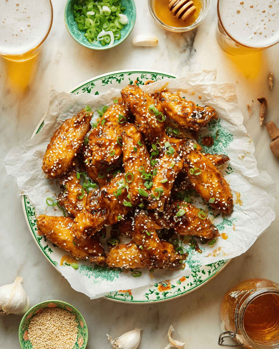 A white plate with green floral patterns holds eight shiny, golden-brown chicken wings arranged close together on crinkled parchment paper. The wings are coated in a sticky glaze and sprinkled with white sesame seeds and small, fresh green onion slices. Around the plate, small bowls and containers hold sesame seeds, chopped green onions, and a jar of amber-colored honey with a honey dipper resting inside. Two frothy glasses of beer are placed on the top right, and a couple of garlic bulbs are visible near the edges. The scene is set on a white marbled surface. photo taken with an iphone --ar 4:5 --v 7